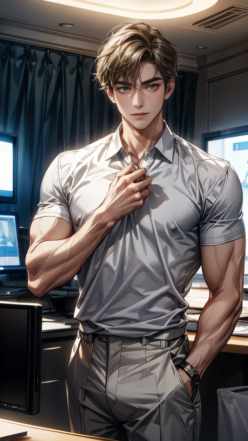 (One beautiful handsome man), ((cute smiling)), brown short hair, beautiful eyes, Beautiful double eyelids, broadly grinning, pointy nose, Smooth and glowing skin, white polo shirt, gray slacks, (chest patch), cute wallpapers, standing, bulge between the legs, ((cute setting s TV show studio)), pop interior, flower wallpapers, cute paint art, cute mascot character, warm lighting, Digital painting, 16K, Best quality, masterpiece, ultra-detailed, medium shot, anatomically correct, good hands, look at us, Nobody's here