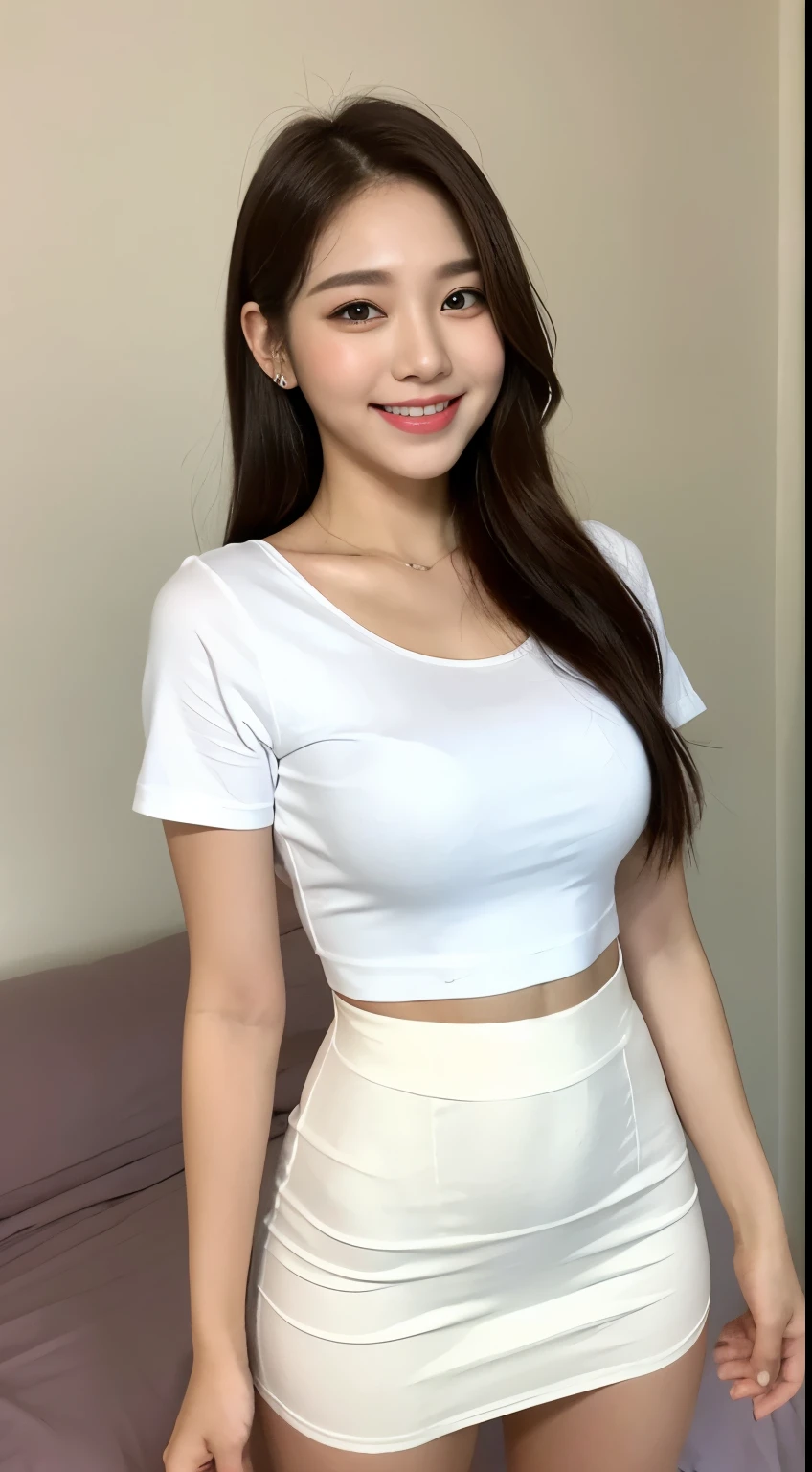 White tight skinny shirt、White tight skinny mini skirt、bed、smile、Short sleeve、high resolution、Korean idol face、double eyelid、Medium Hair、White teeth