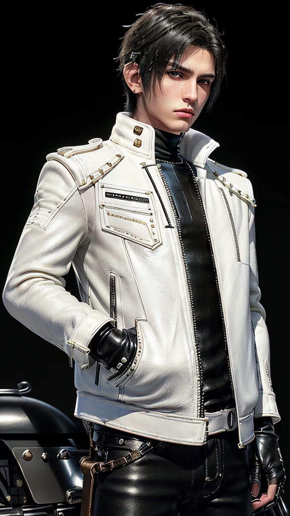 ((Final fantasy taste and reality graphics)), ((Japanese young cute and cool ikemen  boy)), his age is early 20s, thin eyebrows and beady eyes,, (((((boy wearing cream-white color thick leather and single-brest double zipper jacket))))), ,(((((jacket is voluminous and motorcycle style))))) ,((((with epaulet)))), ((((leather jacket is close all front zippers)))), (((((jacket collar is stand-up and built-up neckline))))), ((((jacket collar with two belts)))), (((boy also wearing black thick material turtleneck polyester shirts))),  (((boy wearing tight black color long leather pants))),  (((((boy put black leather tight and smooth full-finger gloves))))), (((boy wearing black leather knee-high raceup boots))),Do not show skin from the neck down,(((all clothes are smooth design and very shining))),(((Avoid adding unnecessary decorations to your clothes))),(((all clothes is simple design and appearance))),(((don't wear jewelry on all clothes))),,(((((UHD))))),(((((high resolution))))),,