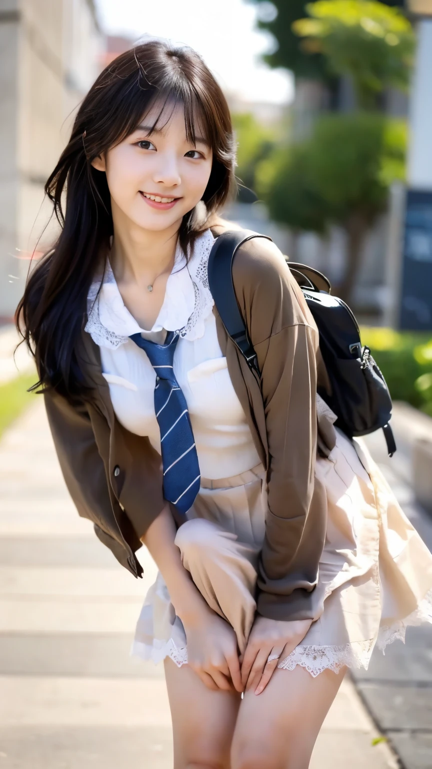 ((( Masterpiece))), ( beautiful japanese woman, classmate, Innocence, cute) , Ultra High Resolution, is present, very detailed, 8k, top quality, very detailed, detailed biography ,slender, very beautiful japanese girl, detailed face:1.3), (boyish very short hair, black hair :1.4), (, cute系,Adorable girl ), ( PERFECT BODY:1.1), ( brown blazer , Light Brown Pleated Mini Skirt ), Shy smile , Please show me her beautiful teeth,非常に detailed face、 detailed lips 、 detailed eyes 、 little gravure idol , Clear Skin、 and , Japanese high school uniform with a school emblem on the chest , carry a backpack、 lean forward, Sexy Poses,Focus on the crotch,Positive、 whole body,A glimpse of her white lace panties.、Erection under clothes