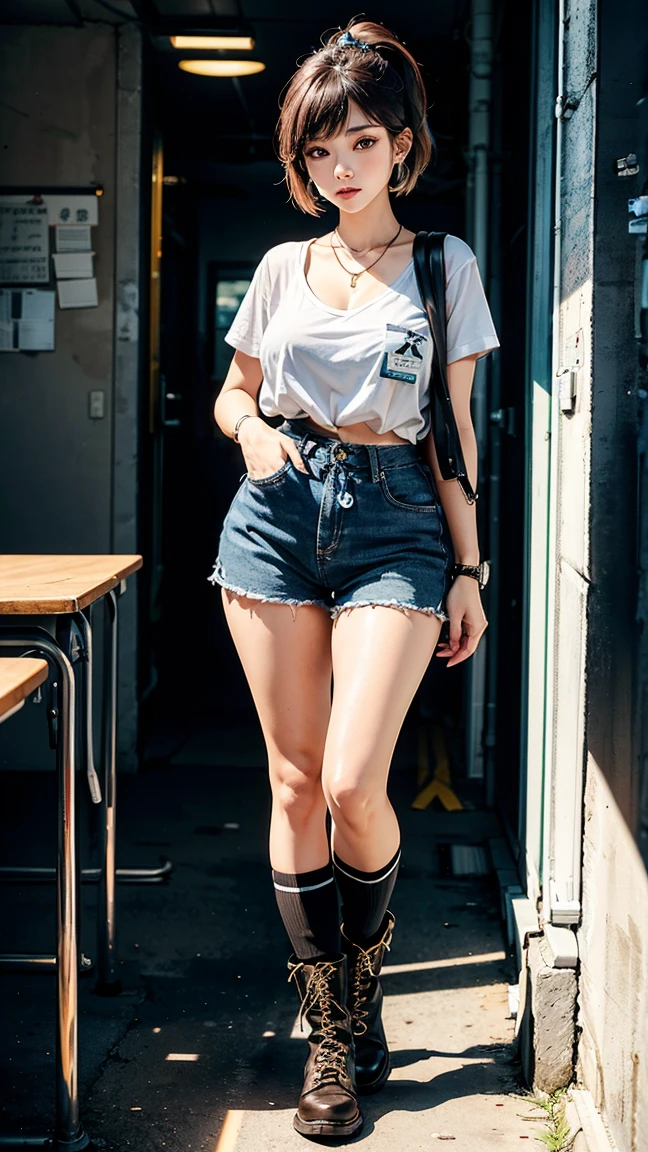 (Masterpiece, Superb Style, 1Girl, Solo, Finely Carved, Color Aberration), Realistic, ((Medium Breath)),  Shoulders, Long Pink Hair, Red Headgear, Red Highlight, Green Eyes, Earrings, Sharp Eyes, Perfect Figure, Slim Figure, Slim Body, (pureerosface_v1:0.3), Necklace, Neon Shirt, Denim Shorts, Open Jacket, White Thin Shoulder Straps, , Brick Wall, Graffiti, Dim Lights, Alley, Looking at the Audience, ((Mean, , charming, slender legs, red high heels)),