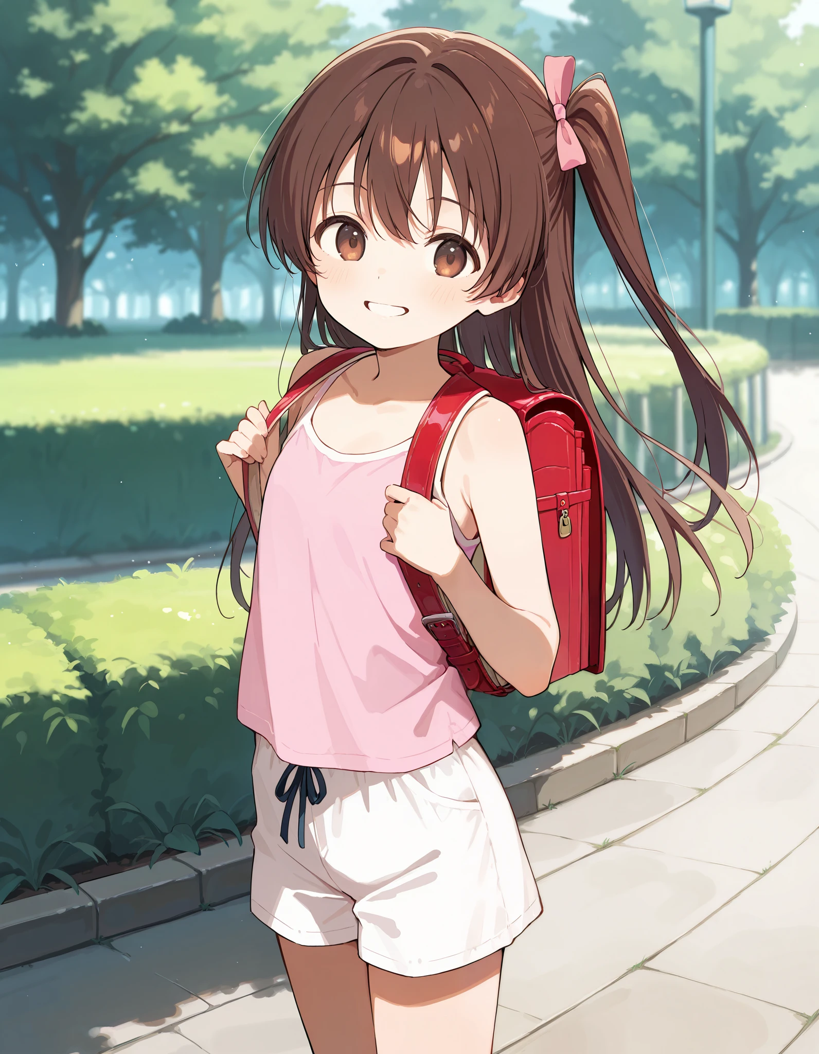 Hd, (littlegirl:1.2) (slender body) (thin body), smile, happy, masterpiece, best quality, highres,2d, anime, 1girl, long hair, one side up, solo, ponytail, brown hair, long hair, hair ribbon, brown eyes,  cowboy shot, smile, wearing randoseru backpack, red backpack, flat breasts,  happy and confident expression. full body, (ch1ldren playing), short girl, cute girl, (loli:1.2), (ch1ldren:1.2),  long straight hair, thin legs, flat chest, flat breasts. (happy, smile, cheerful), Standing, standing, outdoor, fullbody, wearing blue pink tanktop, white shortpants, wearing flipflop