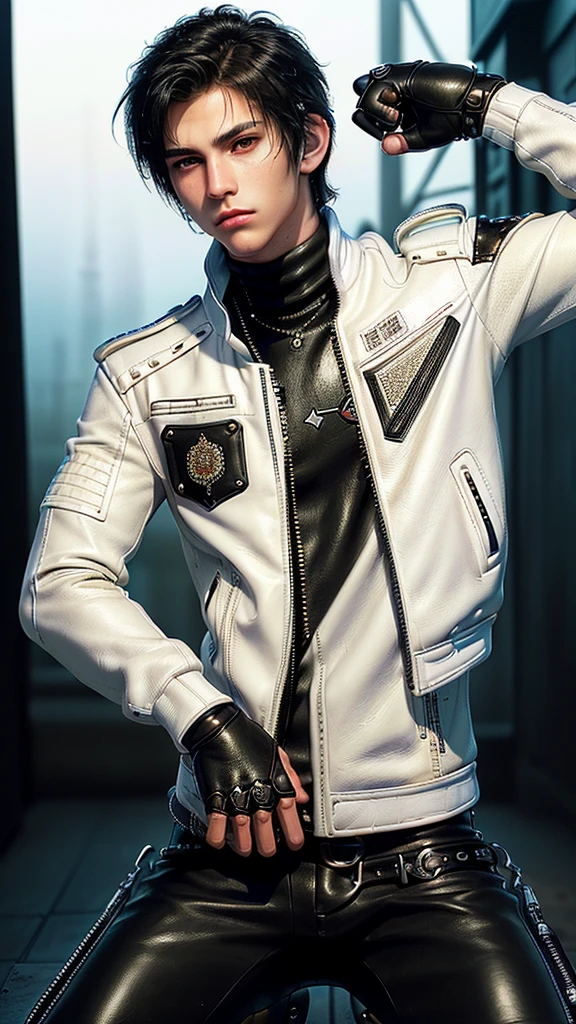 ((Final fantasy taste and reality graphics)), ((Japanese young cute and cool ikemen  boy)), his age is early 20s, thin eyebrows and beady eyes,  ((((he wearing white color and  shining brightly enamel leather thick single-brest  jacket)))), ((with epaulet)), ((enamel leather jacket close all zippers)),, ,(( jacket collar is high length stand-up collar with belts)), jacket is a little black line pattern,close the front of the jacket, (((also wearing black color turtleneck shining brightly enamel leather shirts))),  (((tight black and shining brightly enamel leather pants))), ((((shining brightly black enamel leather tight and thin glove)))), ((black color and shining brightly leather knee-high raceup boots)),head-to-toe, whole body, boy looks like fashion model,Do not show skin from the neck down,(((all his clothes are smooth design and very shining)))