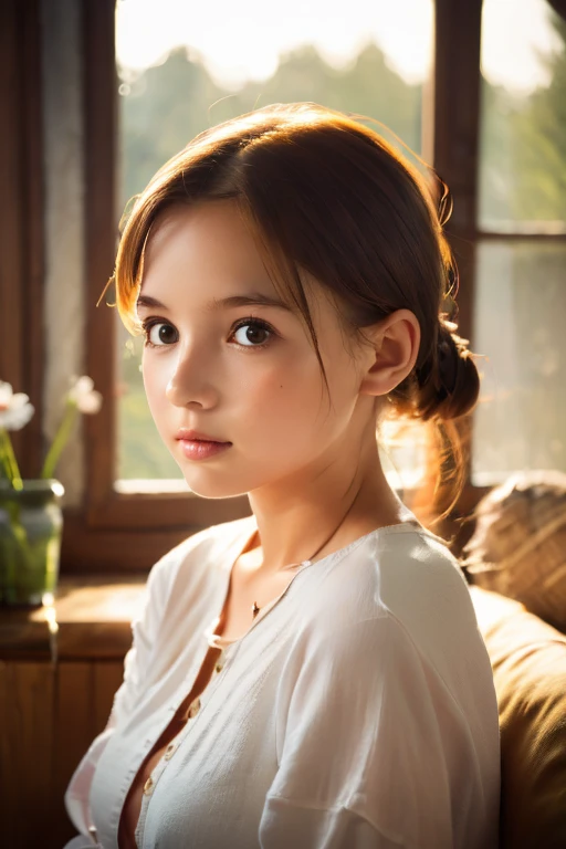 Highest quality, , Soft Light, Ultra-high resolution, (Realistic:1.4), RAW Photos, 1 Swedish girl, alone, Or a small face,Baby Face、 Sexy pose、Whole body(A shy smile:0.5), (Brown eyes, Light in your eyes), Beautiful face in every detail,(Updo),Swedish Dress(See-through)