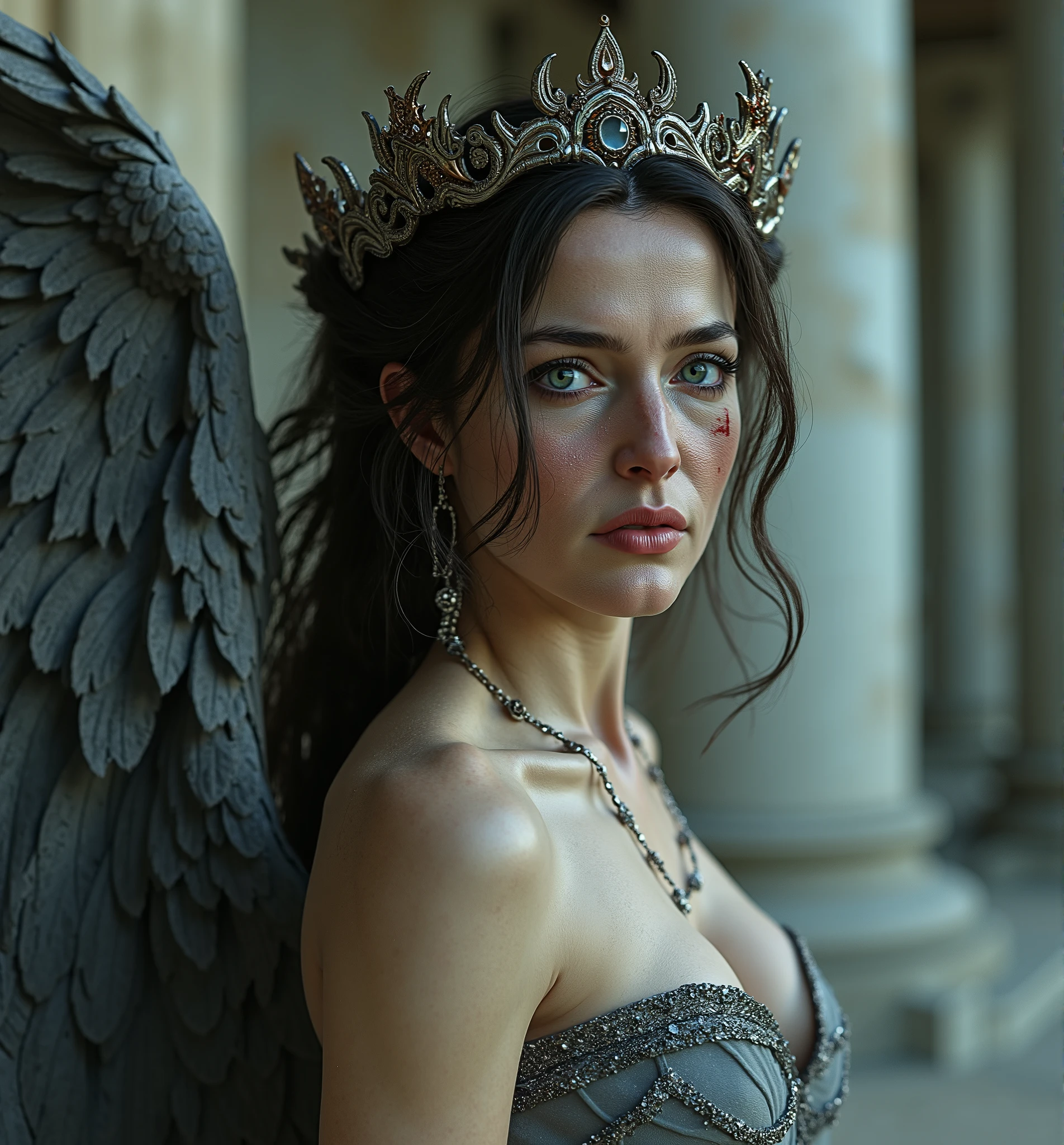 beautiful angelic woman with large feathered gray wings, scars and wounds on the face, suffering face, detailed fantasy portrait, exquisite female angel as a mystical valkyrie, ruined temple background, ruined and rusty wooden crown, hyperrealistic, octane render, intricate wings, piercing eyes, delicate features, flowing hair, dramatic lighting, vibrant colors, highly detailed, cinematic composition, masterpiece, 8k
