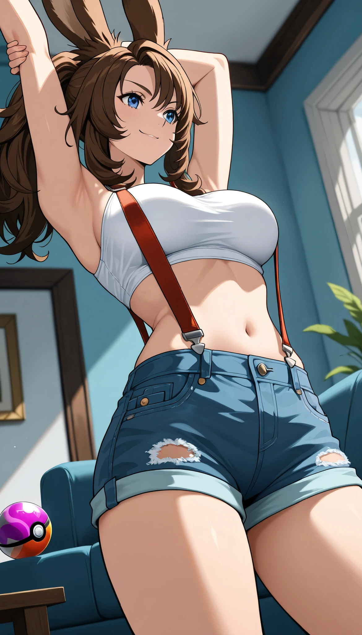 (巨作)), ((Best quality)), (Ultra-detailed), ((kawaii)), kawaii, (Lovely), ((Extremely detailed)), 4K, (8K), Best quality, (Beautiful),(((World-class quality))), Extremely detailed, High resolution, (detailed shaded pretty face), Full body, Adolecente, solo, ((seios gigantescos)), (((Sagging breasts))),((Long hair)),((denim vest，and wear no underwear，Expose navel，Super short skirt)),  oikawa shizuku , armpits, On the bed, From the side Side