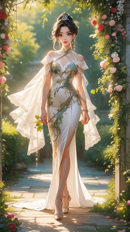 Lumine | genshin impact, master-piece, bestquality, 1girls,25 years old, proportional body, proportional., Wedding Dresses, White Wedding Dress, Long skirt, wedding, mediuml breasts, ,bara, Standing in the middle of a flower garden, outdoor, wedding, The sky is beautiful, Both hands hold a bouquet of flowers., View viewers from the front., Thigh strap, Head tilt, bored, 10, 10, HD, slight smile, Big ass, sexy stockings