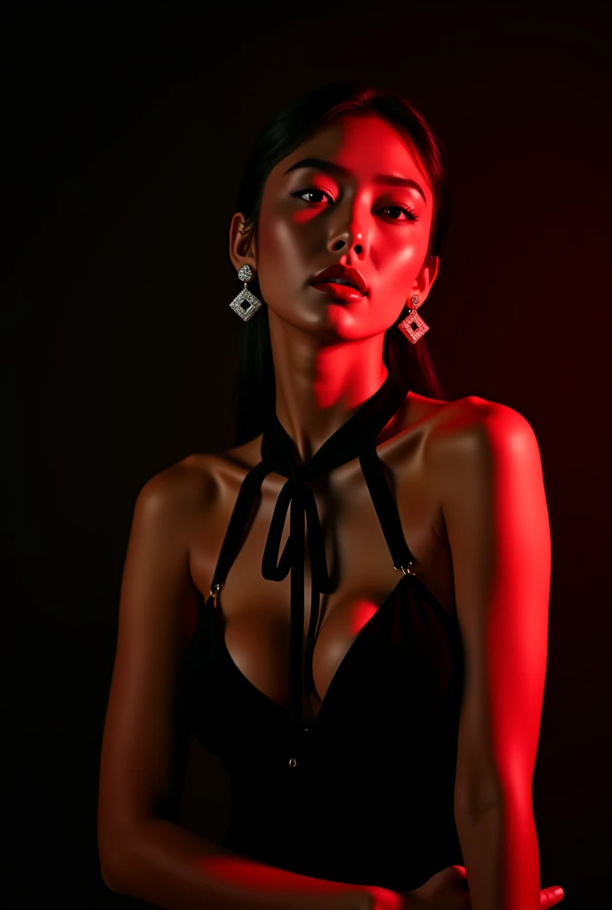 (full body shot:1) angle from below, photorealistic image of a woman, ultrarealistic, photography, straight long black hair, asian woman, beautiful cute sexy asian 20 years old woman, hourglass figure, perfect body, Flirty look, natural big breasts, long eyelashes, cat eye make-up, double eyelids, sexy pose, erotic pose, seductive pose, big breasts, big tits , she wears a Solid Color Slim Fit Stretchy Mesh Panel Halter Short Top , ruffle skirt, at the club,sexy pose, enormous breasts,