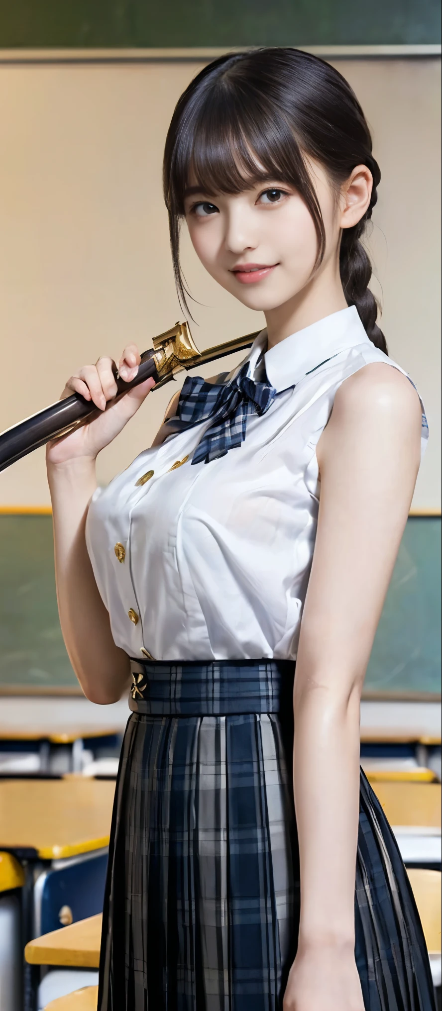 top-quality, 8K picture quality, masterpiece, Professional lighting without shadows, A hyper-realistic, perfect anatomia, (Two girls:1.2), (with perfect body、Colossal breasts with tension:1.3), Bright whitening skin, (Her bright beautiful blue eyes with plump red tear bags reflect a lot of light.:1.2)、 A deep red ribbon tie is wrapped around the collar.、A tight, clean stretch blouse made of ultra-thin white stretch fabric that fits perfectly against your skin.、No skin is exposed on the upper body。, Dress up with a super short mini pleated tartan check skirt., (her skirt is dramatically too short:1.5), (Proudly showing off her taut huge breasts from the front through her blouse:1.2), (Another girl on the other side pulls up her skirt and shows off her big ass from behind:1.2),