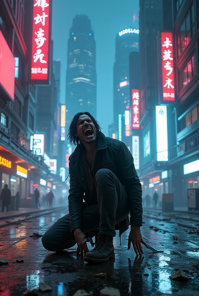 Cyberpunk style. A young guy is kneeling in the middle of a deserted street, he raises his bloody hands to the sky and screams at him.