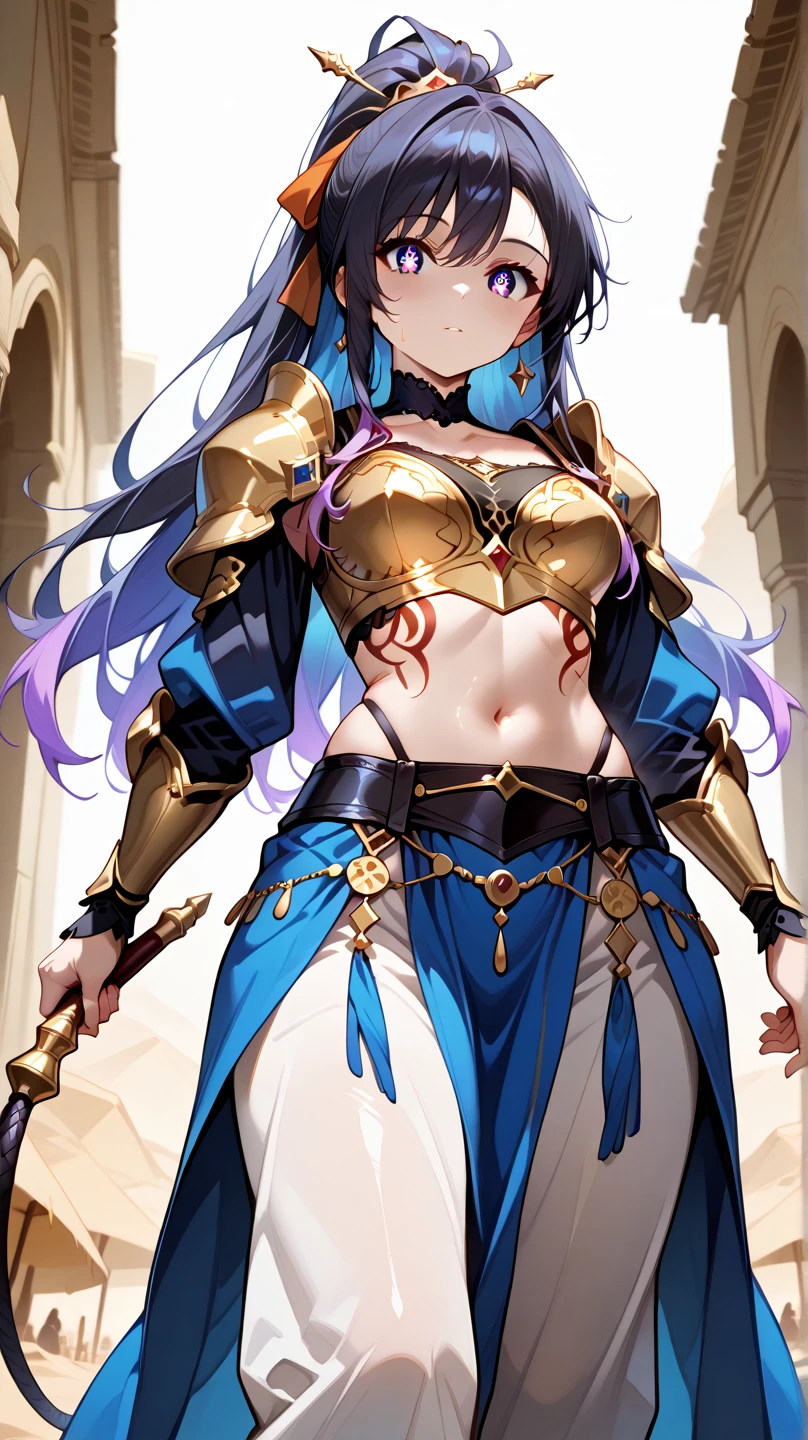 close up shot of a woman in a silver and blue dress, silver armor, large breasts, cleavage, chengwei pan on artstation, by Yang J, detailed fantasy art, stunning character art, exposed midriff