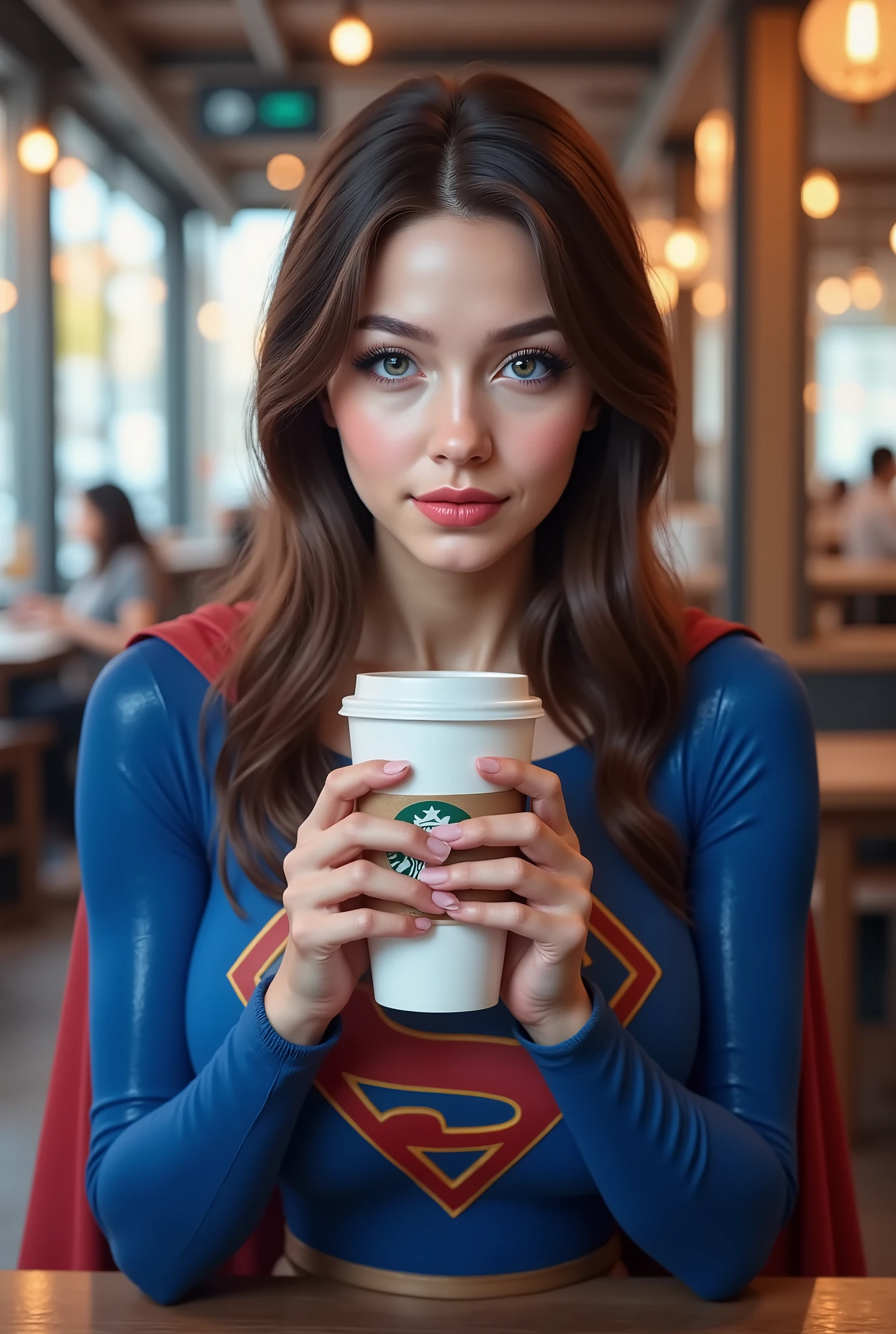 there is a BLUE EYED ASIAN GIRL that is holding a cup of STARBUCKS coffee, anime girl in real life, realistic young BRUNETTE girl, portrait of cute BRUNETTE girl, cute natural anime face, kawaii realistic portrait, realistic anime 3 d style, attractive anime girl, photorealistic anime, mysterious coffee shop girl, young anime girl, cute anime girl, anime girl with long hair, WEARING A MODERN 2025 BLUE MELISSA BENOIST SUPERGIRL COSTUME AND RED CAPE. SHE IS AN ASIAN SUPERMAN. CRYSTAL CLEAR ART, CELAN CRISP ART, 4K, 8K, MILLIONS OF TEXTURES AND DETAILS.