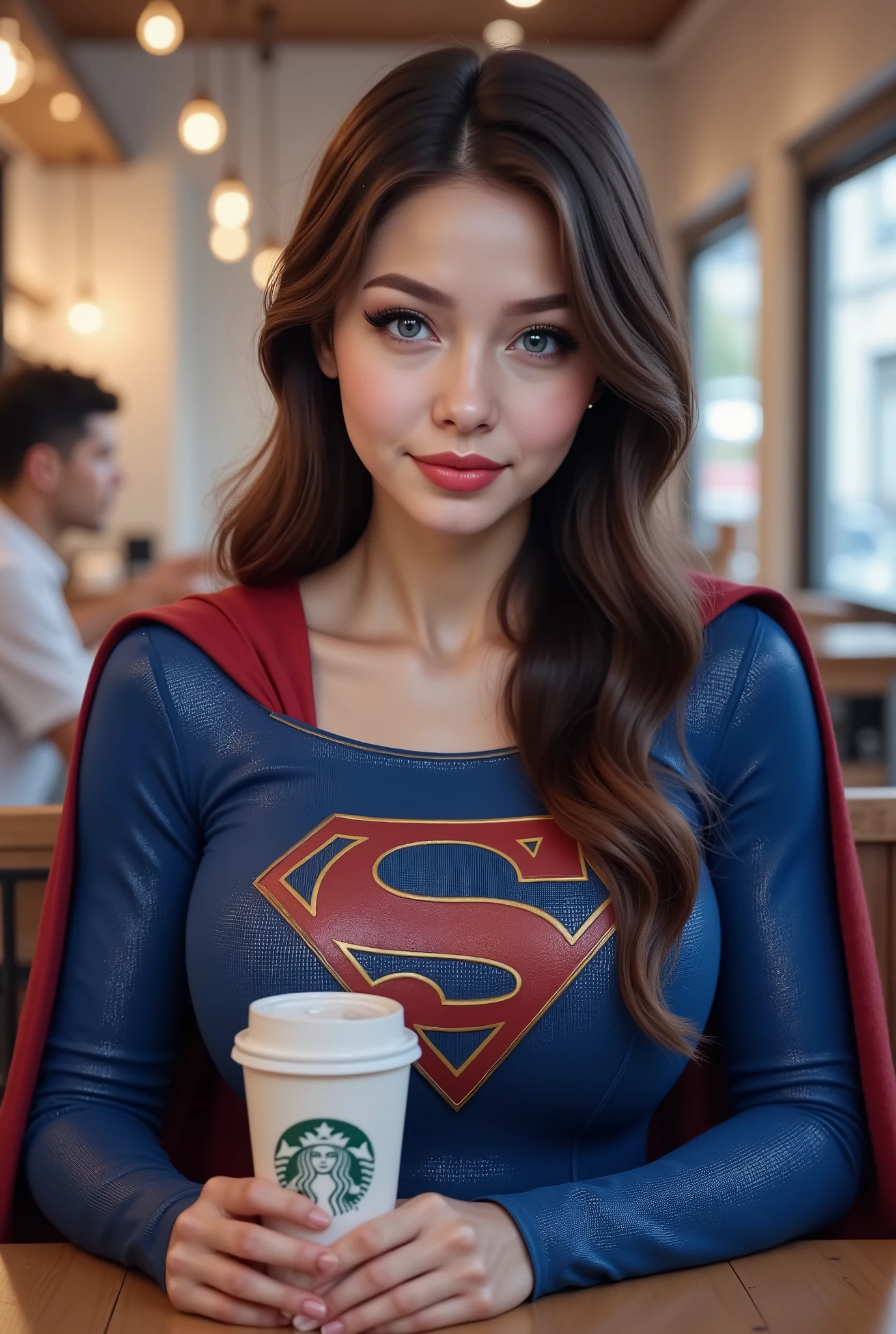 there is a BLUE EYED ASIAN GIRL that is holding a cup of STARBUCKS coffee, anime girl in real life, realistic young BRUNETTE girl, portrait of cute BRUNETTE girl, cute natural anime face, kawaii realistic portrait, realistic anime 3 d style, attractive anime girl, photorealistic anime, mysterious coffee shop girl, young anime girl, cute anime girl, anime girl with long hair, WEARING A MODERN 2025 BLUE MELISSA BENOIST SUPERGIRL COSTUME AND RED CAPE. SHE IS AN ASIAN SUPERMAN. CRYSTAL CLEAR ART, CELAN CRISP ART, 4K, 8K, MILLIONS OF TEXTURES AND DETAILS.