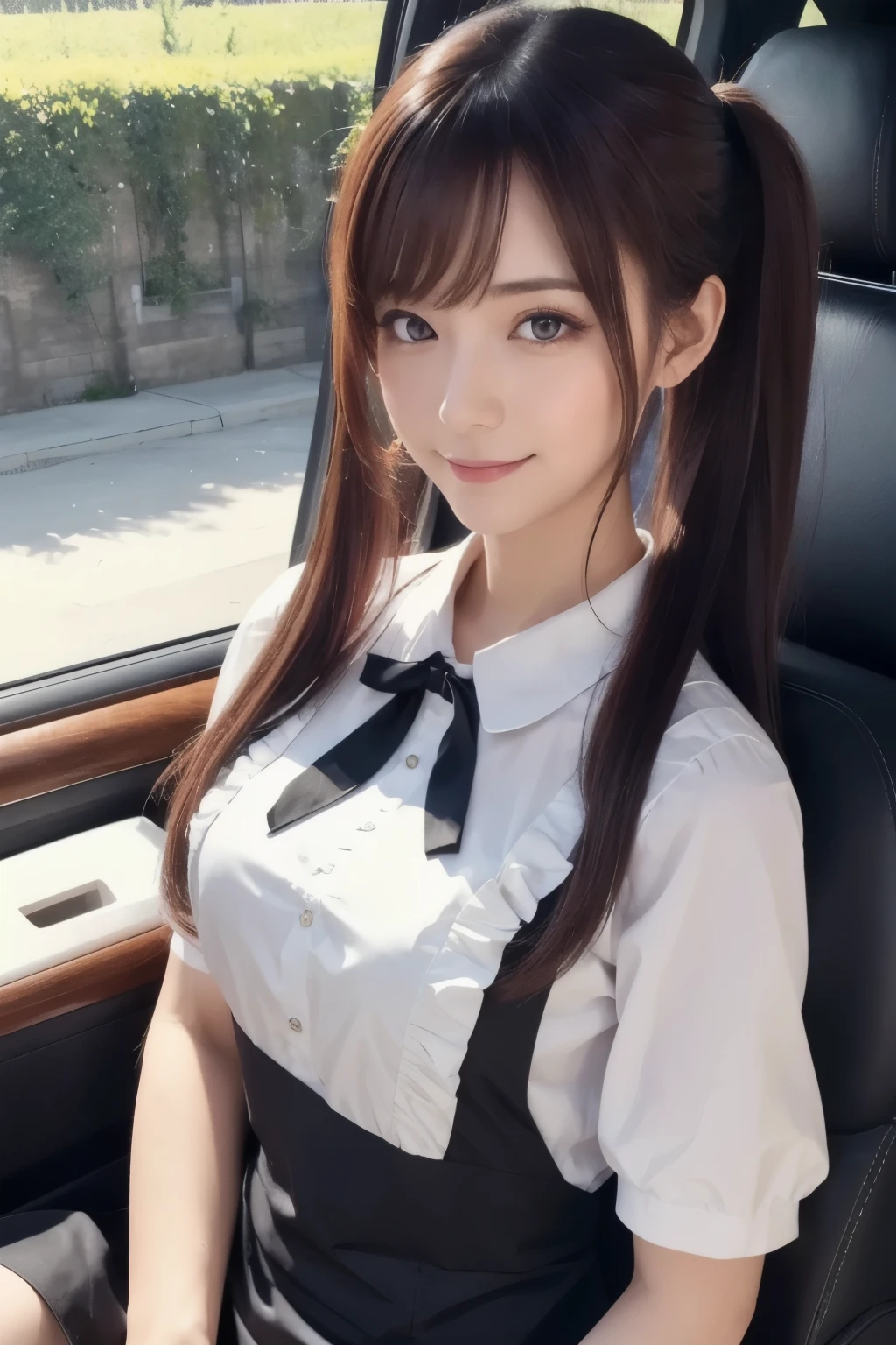 Masterpiece,( top quality , illustration , detailed face :1.3),( in the seat, alone:1.3), beautiful detailed eyes, apron, gradation where you lie down_background, gradation where you lie down, Maid, Purple Eyes,red hair, small breasts,, break, enMaided, white_ apron, black_ dress, ponytail, black_ footwear, Frilled_ apron, dress, Maid_ apron, alternate _hair,very long hair, _ ponytail, halo , nice smile