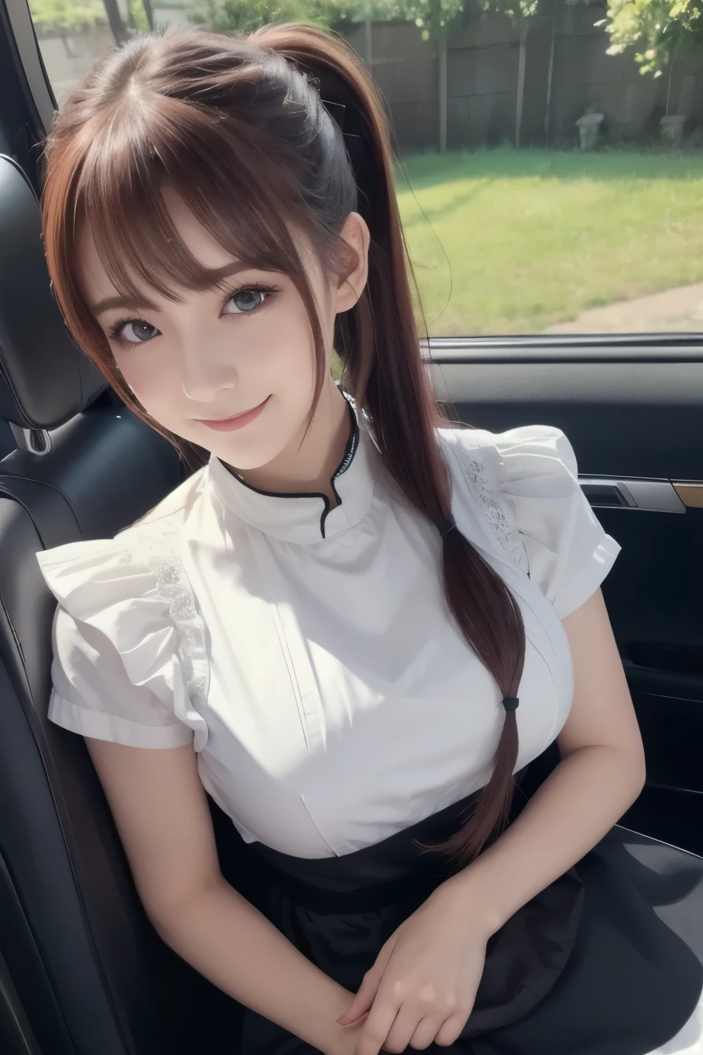 Masterpiece,( top quality , illustration , detailed face :1.3),( in the seat, alone:1.3), beautiful detailed eyes, apron, gradation where you lie down_background, gradation where you lie down, Maid, Purple Eyes,red hair, small breasts,, break, enMaided, white_ apron, black_ dress, ponytail, black_ footwear, Frilled_ apron, dress, Maid_ apron, alternate _hair,very long hair, _ ponytail, halo , nice smile