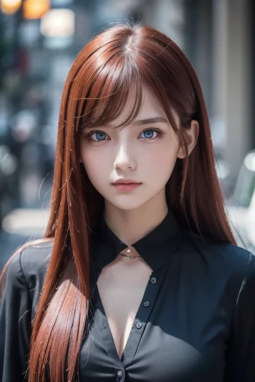 Medieval town center, cute girl, leather dress, redhead hair, blue eye, cleavage, perfect face, detailed face