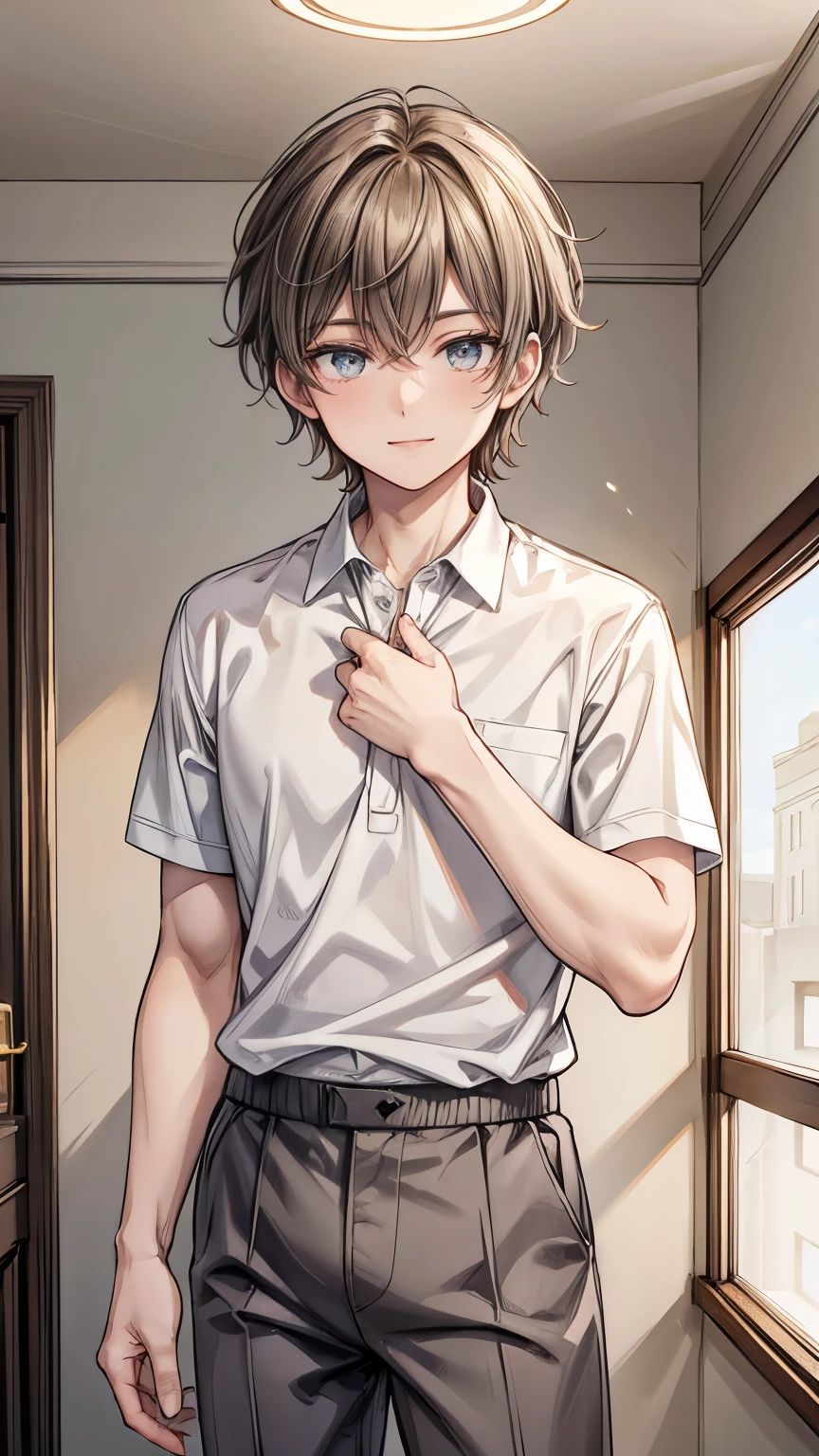 (One beautiful handsome men), ((cute smiling)), brown short hair, beautiful eyes, Beautiful double eyelids, broadly grinning, pointy nose, Smooth and glowing skin, white polo shirt, gray slacks, (chest patch), cute wallpapers, standing, bulge between the legs, ((cute settings studio)), ren-room, ((pop interior)), flower wallpapers, cute paint art, cute mascot character, warm lighting, Digital painting, 16K, Best quality, masterpiece, ultra-detailed, medium shot, anatomically correct, good hands, look at us, Nobody's here