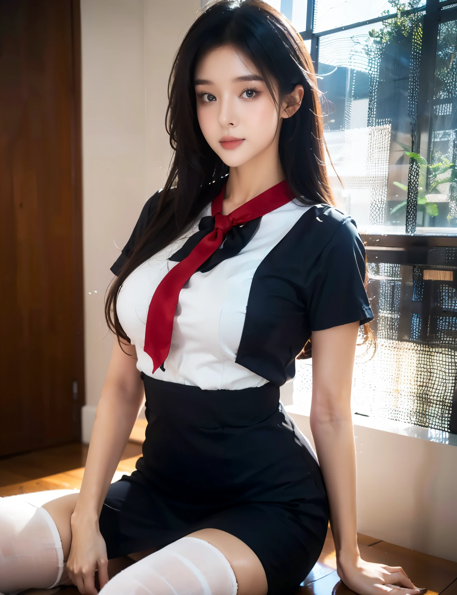 upper body, masterpiece, bset quality, realistic, 1girl,white thighhighs,nurse uniform, mutiple views, ass views and dress views