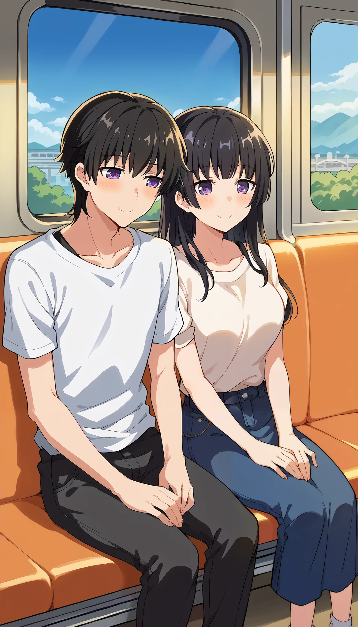 score_9,score_8_up,score_7_up,anime_source,source_anime, Perfect eyes, perfect face, Modern anime style, Detailed eyes, detailed face, Rinko,1girl, black hair,Tall body, Slim body, Sexy body, large breast, purple eyes, long hair, leaning on person side-by-side, sitting, hetero, sleeping, couple, train interior, leaning on person, casual, smile, blush, closed eyes, handsome male, MC anime,