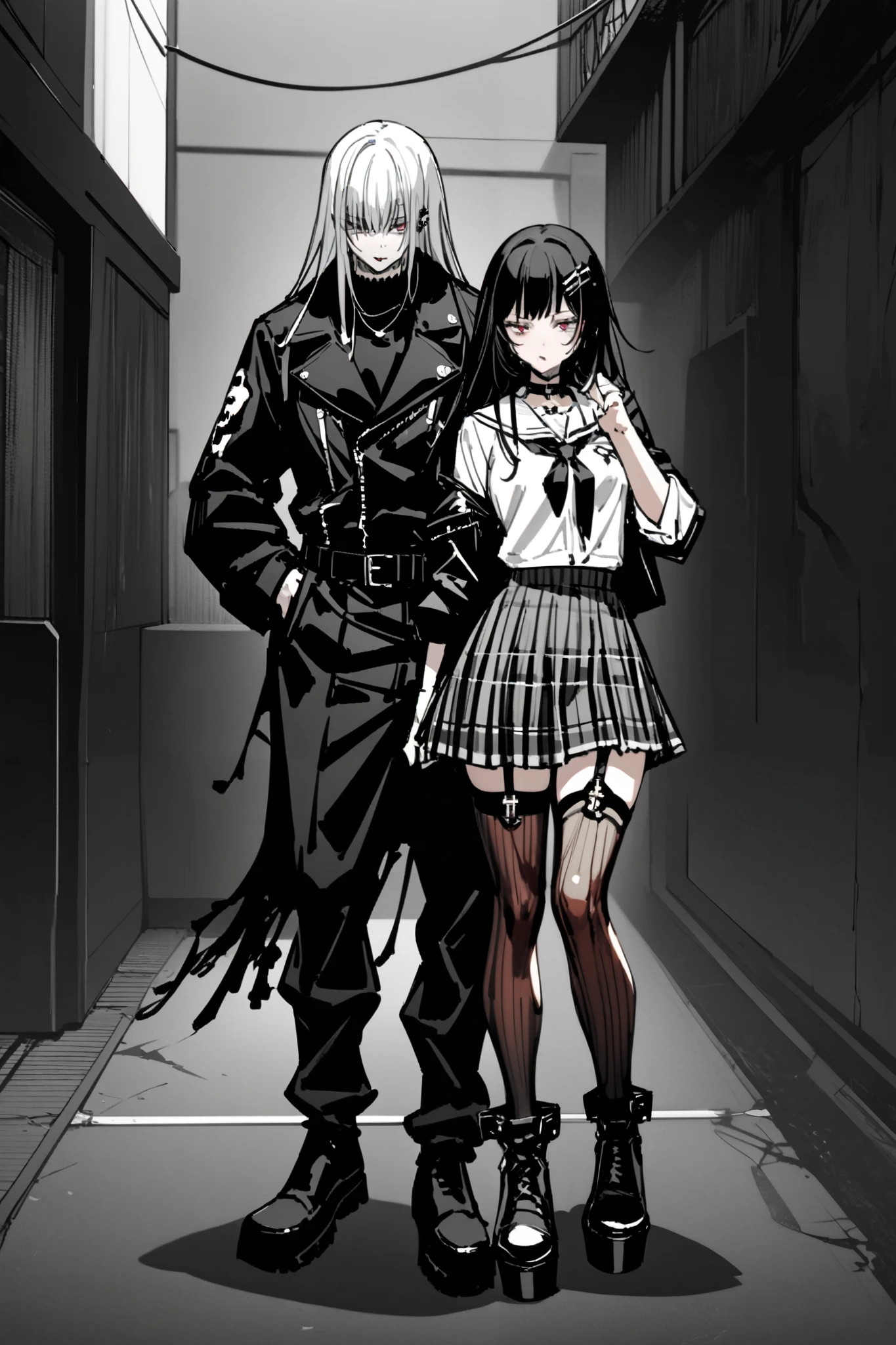 appearance:
Raven combines the aesthetics of a schoolgirl with the most elegant and provocative Gothic style.. His hair is jet black , smooth and long, with a messy fringe that partially covers her crimson eyes . He always has a expression between boring and seductive , as if everything around him seems insufficient .
His school uniform is modified in his own way :
tight white blouse, with the loose and messy black tie .
Short dark plaid skirt , with black lace on the edges .
Fishnet tights or long with garter straps , sometimes torn on purpose .
Thick platform boots , perfect for kicking in style .
Black leather jacket , with patches and chains , that he wears hanging from the shoulder or knotted to the waist .
She always wears several accessories :
A black choker with a silver inverted cross .
Skull rings and arcane symbols .
long nails painted black .