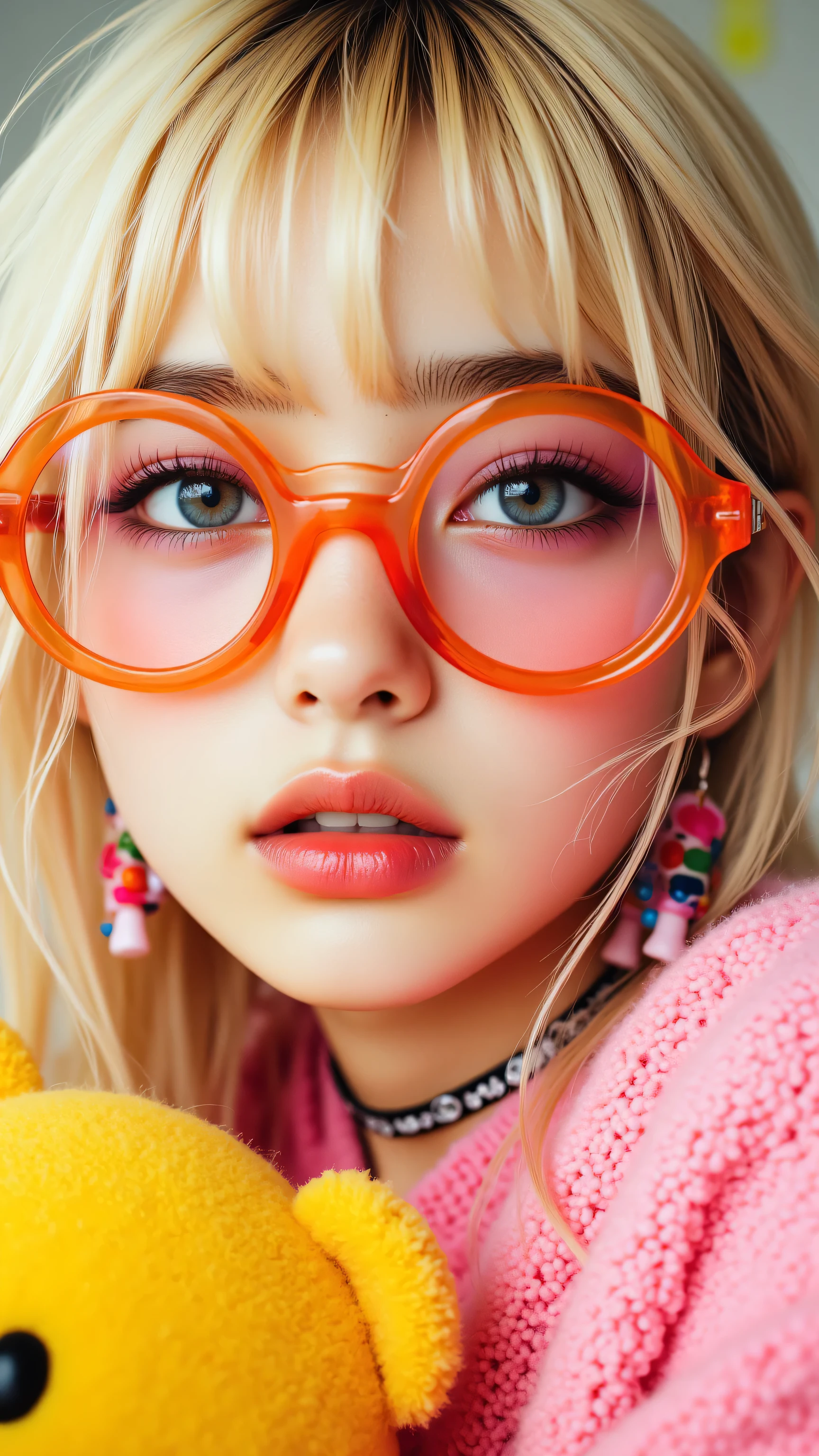 8k, masterpiece, highest quality, Korea's Beautiful Women, Close-up, blonde, bangs, large round orange sunglasses, pink lenses, dark eyeliner, pink eyeshadow, colorful earrings, cartoonish earrings, pink choker, ruffled collar, plush toy, yellow bear, sparkly eyes, pink fluffy garment, bright, playful, saturated, retro, pop-inspired, blurred background, indoor studio.