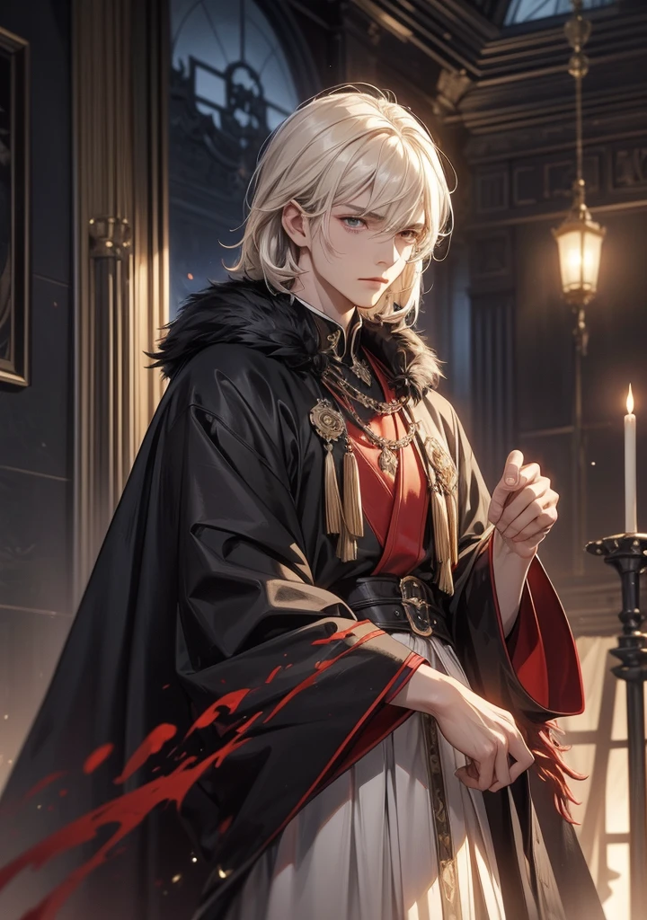 top quality。 detailed depiction of up to the front door。The old throne in the castle。 cool and handsome adult man、((One adult man ))。 well-groomed 。Sharp and rough hairstyles for men、((male medium hair))、(( pale white blonde with a tin cane))。 cool and intimidating look。Looks sluggish。 gray eyes。Sharp impression。 well-groomed 。 with a ruthless and melancholy expression。Stained glass reflecting the night stars。A tin cane and wine。Depressing look 。 the faint light of a lamp swaying in a dim greenhouse {x} has a straight nose and an angular jaw line、 Sharp and Clear Face 。White, perfect skin 。To a taller height、 manly physique like a model or athlete。Luxurious gold and black military uniform with dark red lining、(( furry perry cloaks))。 Old Castle on a Dim Night 。暗いRed Plush Blanketとタペストリー。 Light of Candlesticks 。 fantastic chandelier lights。Impressive depiction of light and shadow 。heavy room。Marble pillar。Red Plush Blanket。 model staring at the camera。 Mysterious atmosphere 。 presence in silence 。 delicate and melancholy adult atmosphere 。 A luxurious cloak spreading on the floor。 Western Romance Fantasy Style 。The atmosphere of a dim room。The style of a king。Loneliness and solitude。 dynamic angle 。