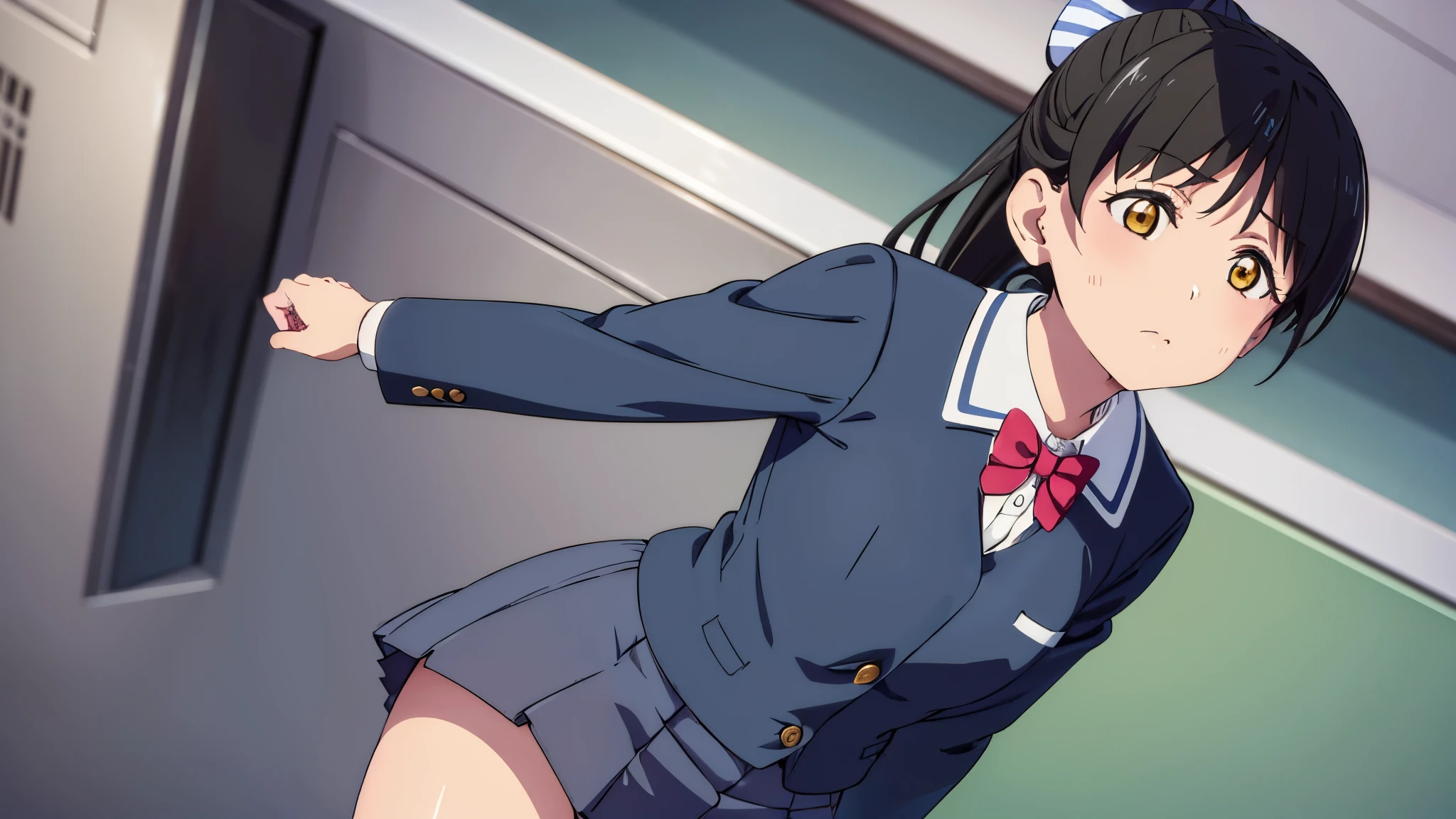 ((( pixel perfect, detail perfect))), Alone, 1 girl, Ren Hazuki, school uniform , bow tie, watches viewers, Closed Mouth、 disheveled clothes、perfect body、 low angle、 underwear can be seen through the gap between the crotches 、 angle from below
