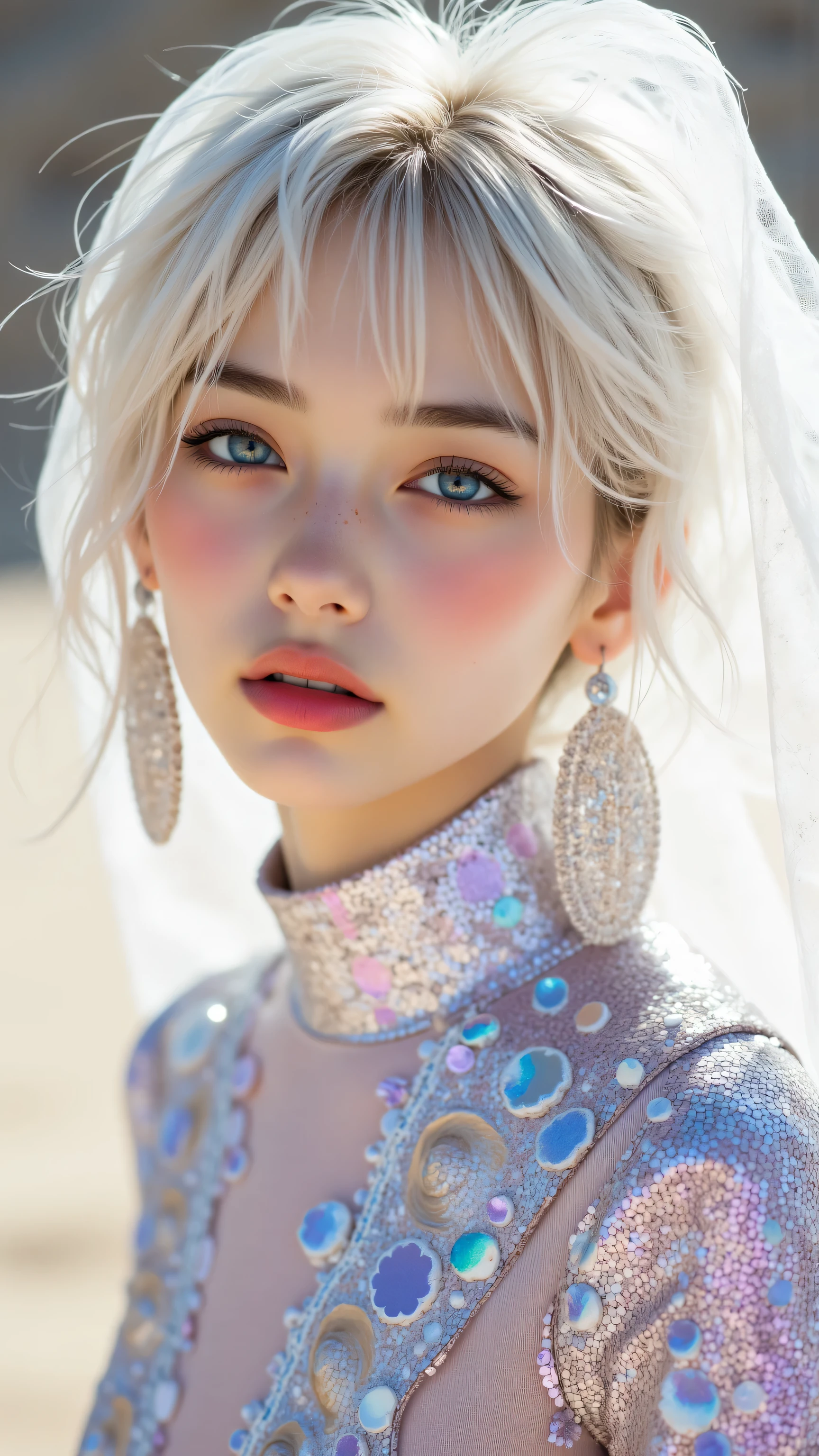 8k, masterpiece, highest quality, Korea's Beautiful Women, Close-up, frontal, platinum-blonde hair, pulled-back, sheer veil, graphic eyeliner, iridescent blue-pink, glossy lavender-pink lips, large iridescent earrings, seashell-like, form-fitting high-necked garment, iridescent sequins, pink-purple-teal-silver, shimmery, reflective, sandy desert background, out-of-focus.