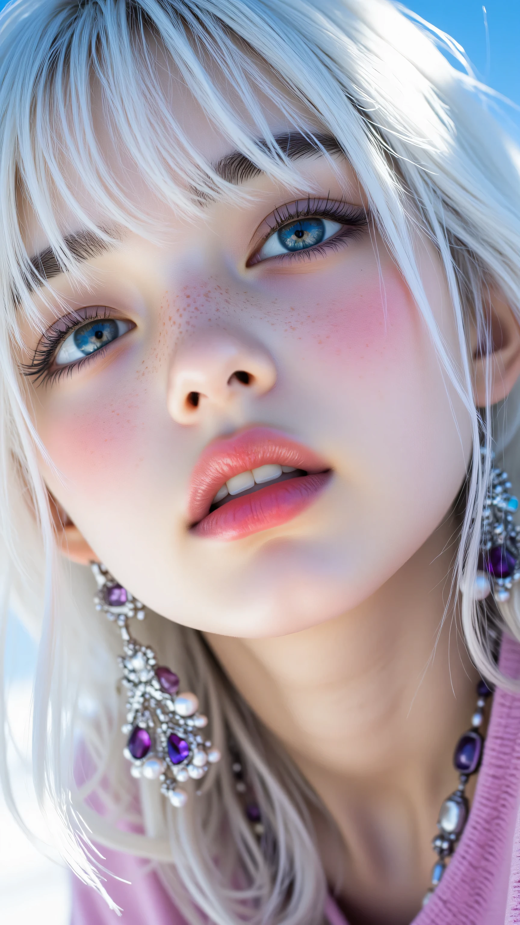 8k, masterpiece, highest quality, Korea's Beautiful Women, Close-up, low-angle, white hair, fringe, iridescent, purple, blue, eyeshadow, glitter, sparkling, pink-purple lips, glitter, ornate jewelry, chandelier earrings, necklace, pearlescent, purple, blue, white, blurry, sunny, outdoor, vibrant.