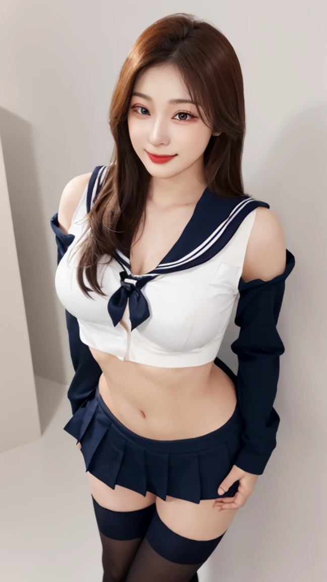 (very huge round breasts:1.5), (white bronze hair:1.3), (anatomically correct:1.3), (lying on back, lying in bed:1.3), (sailor uniform:1.5), extremely delicate and beautiful, masterpiece, Best Quality, ultra high resolution, 16k, hyperrealistic, ultra-detailed, Very detailed CG 8k wallpaper, Beautiful Lighting, Perfect Lightning, Realistic Shadows, super Detailed shiny skin, perfect figure, Latino, late 20s, Slim body, Slim abdomen, very small head, handsome detailed woman, very detailed eyes and face, realistic face proportions, Stunning detailed eyes, Realistic beautiful face, very small face, Realistic small beautiful eyes, double eyelids, makeup, tearful mole, mole on chest, earring, short wavy hair, cleavage, bare legs, Soft midriff, Fine Collarbone, beautiful and very thin legs, beautiful and very thin thighs, off-shoulder,