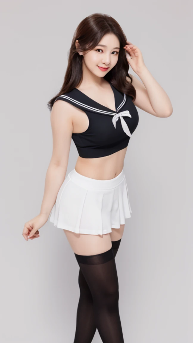 ((midnight, Need, 8K, tmasterpiece:1.3)), A whole body, Full body like,thin very long legs, Focalors:1.2, Golden body,standing on your feet,full bodyesbian,Waist leg chest,Hold your chest tall,perfect figure beautiful woman:1.4,((Dark brown hair, huge tit:1.2 )), (low chest, deep v big breasts,blackstockings,Gray pleated skirt,short skirt,White canvas shoes), ((Solid yellow background)),Highly detailed facial and skin texture, A detailed eye, 二重まぶた,largeeyes,eye shadows,crisp breasts,Bigger breasts, Wavy hair,crisp breasts,Get wet,Sweat profusely,Red lips,Hot dance,Large bust,huge tit,wearing a choker,Wear earrings,Noble beauty,Long legs,legs long,slenderlegs