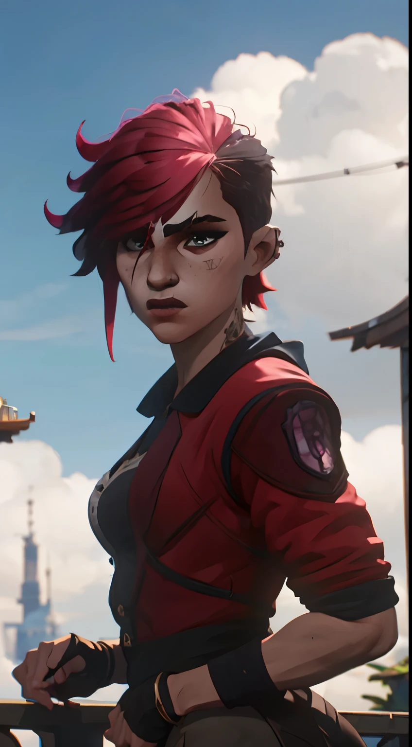 Portrait of a, A girl, at full height (Full Body 1.1), Portrait of a, A girl, at full height (Full Body 1.1), fantasy city , facial focus, enthusiastic, contra o pano de fundo da cidade , fantasy city , arcane style, close-up do rosto, A girl с короткими рыжими волосами. Alive by Arcane. red coat. black pants, Alive by Arcane. red hair, short hair, sharp eyes , Perfect Face and Body ), (perfect anatomy, correct proportions ) very detailed face , very pretty face, Very sexy bust, at full height (Full Body 1.1), small elastic breasts , small butt , beautiful slender figure, small buttocks, Tight black suit, tmasterpiece, best quality, highly detailed,visible up to the feet , 8k resolution