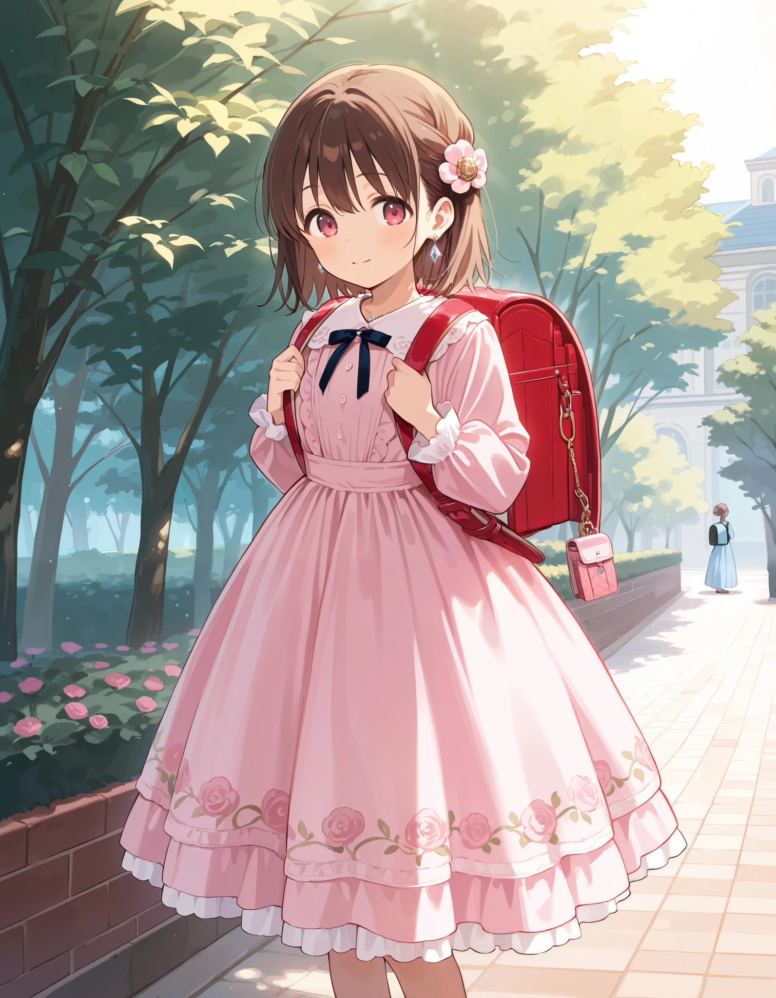 Masterpiece, hd, best quality, there is a girl standing in a blue dress, wearing pink floral dress, victorian dress, luxury dress, beautiful pink , brown hair, wearing a pink dress, dressed in a pink dress, small girl, Traditional Attire, bowtie, necklace, diamond earrings, in a fancy dress, frilly outfit, wearing beautiful clothes, wearing floral gown, cute young girl, dressed in a beautiful, wearing randoseru backpack, red backpack, backpack ornaments, keychain, standing, outdoor