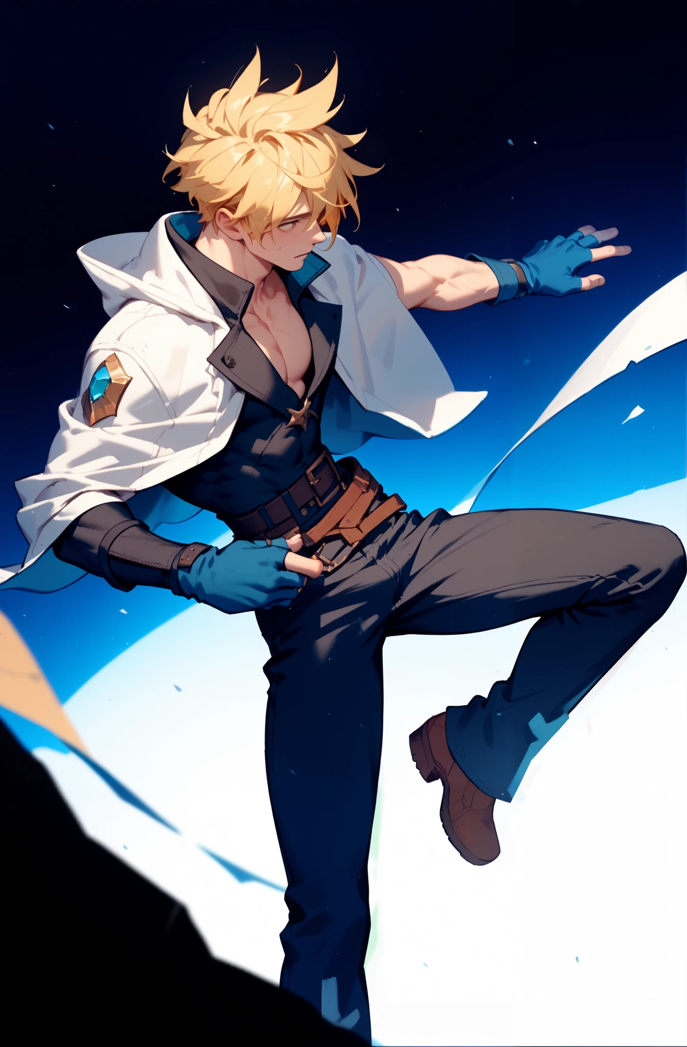 <lora:guiltygear_kykiske:1> ggkykiske, white jacket, jacket on shoulders, blue gloves, black pants, belt, collarbone, pectorals,outdoors,city,full body, <lora:FrostRaceTech:0.8> frostracetech, cryogenic, fighting stance,, (masterpiece, best quality,highres, perfect hands), masterpiece,best quality,ultra-detailed,very detailed illustrations,extremely detailed,intricate details,highres,super complex details,extremely detailed 8k cg wallpaper