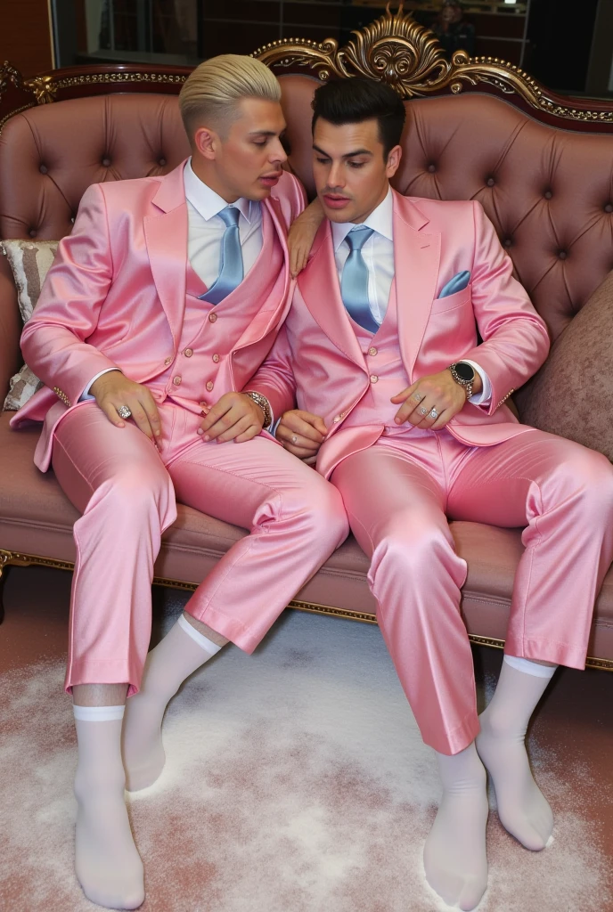 full body 2 two white dapper fashion men in pink suits, light bue loafers, white solid socks,light blue tie, big diamond rings, golden necklaces, diamond watch, preppy clean undercut  haircuts, showing off their blue loafers , drinking champagne , lying on large luxurious couch,  in a chic nightclub