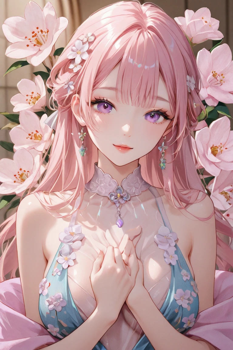 Very detailed CG Unity 8K wallpaper, Cute One lady, Mature hair、lady ,beautiful lady, pale skin (Super masterpiece, Beautiful person, well detailed face polluted smile, Photorealistic, hyper realisitic),
(Pink gorgeous dress:1.7)、 smile、
Japanese background with light pink flowers and snow、Portrait、
(ref Eyes)、(flat chest:1.3)、(Glowing Skin:1.7)、Detailed eyes、Big eyes、Open your mouth、Hide your arm、