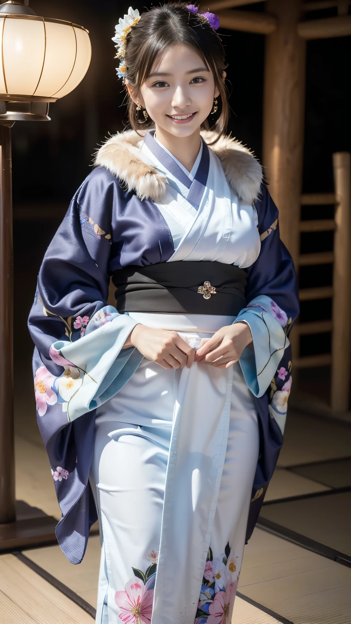 top quality, Masterpiece, Ultra High Resolution, High Definition RAW Color Photos , pro pics, natural skin texture, fine skin, hyperrealism, Ultra-Fine,16k, 2 women,Earrings, smiles, gigantic ,Japan, coming-of-age ceremony photos ,(((Japanの着物,floral long sleeve kimono,Flower pattern furisode,Fur shawl,Japan人 2 women,another face duo))),Morning Shrine,Outdoors
