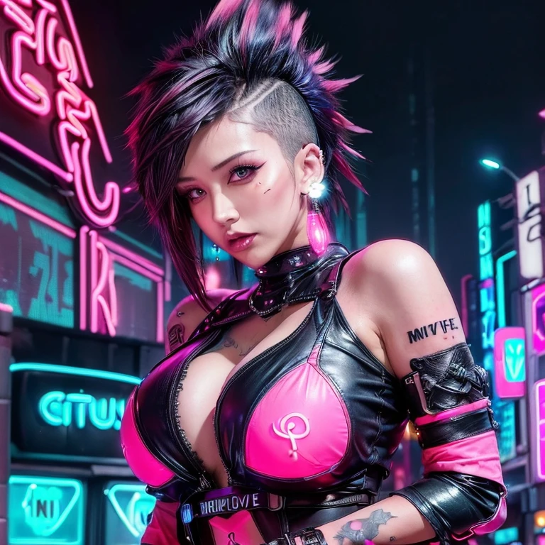 (((masterpiece)))、((Highest quality))、(Very detailed)、8k、(So noble and beautiful))、15 year old girl wearing leather outfit and holding a lightsaber in a city street, Cinematic Light、((1. Mechanical Girl))、Look at this、White ceramic body、Purple eyes、single、(Mechanical joint:1.4)、((Mechanical Limbs))、(Back blood vesselechanical cervical vertebrae attached to the neck))、(Wires and cables attached to head and body:1.5)、 Neon Details、sf、Cowboy Shot, Wear a cyberpunk fur leather jacket, Cyberpunk Angry Gorgeous Goddess, Super Villain IU Lee Ji Eun, Cyberpunk Costume, Pure white cyberpunk outfit, Female Cyberpunk anime girl, Cyberpunk 20. Model Girl, Cyberpunk style outfit, Female Cyberpunk, Cyberpunk Style, A fascinating cyberpunk dark fantasy, cyberpunk assassin, ((whole body)), ((Leather trousers)),(With a big Gatling gun in his hand、Girl shaking it over her head:1.3)、(Tattoo、体のwhole bodyに日本の刺青:1.5)、Red lips、Red High Heels、choker、necklace、Earrings、(Very detailed:1.4), from the front、Looking at the camera、