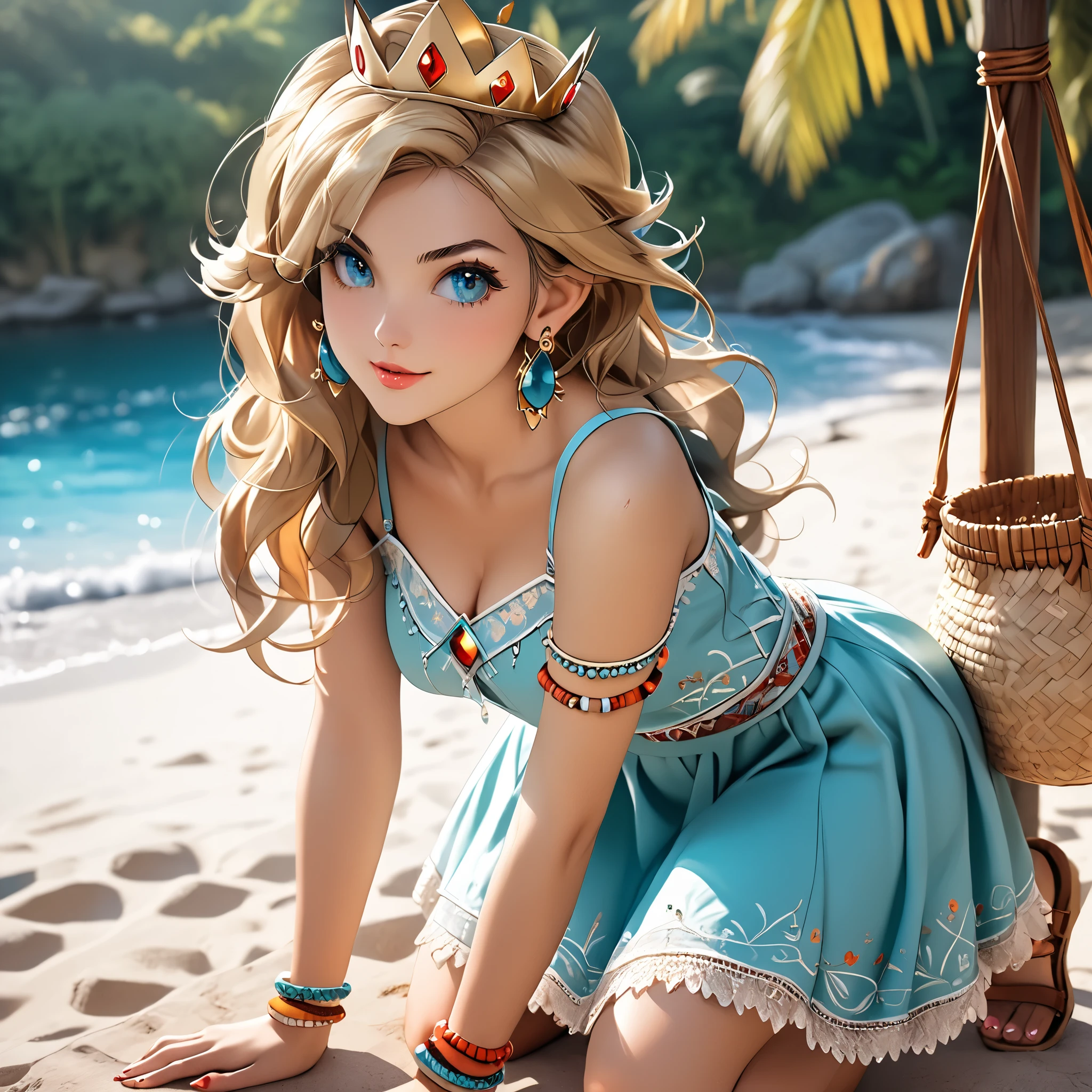 (beautiful girl:1.3),1girl,masterpiece,Highest quality,Ultra-high resolution,rich contrast,super high quality,8k,Highly detailed CG unit wallpaper,texture,Incredibly absurd,Ultra-high resolution,Highest quality anime,professional photograph,an extremely delicate and beautiful,RAW Photos,Depth of Field 1.2,ultra-detailed eyes,Glitter Effect,Beautiful glossy lips, 25years old, gorgeous legs, noise perfect, gorgeous ass, 1girl, gorgeous ass, dynamic pose, sensual woman, seductive woman, mature woman, Milf, maternal, shy look, full body, (type of photo: medium shot, portraying the person from head to waist), Rosaliina, 1girl, solo, blonde hair, hair over one eye, earrings, long hair, crown, blue eyes, lips, aqua eyes, eyelashes, Princess Rosalina, Boho Set (Adventure and Freedom): Top: Sleeveless linen blouse in terracotta tone with floral embroidery in white thread, with a "V" shaped neckline and thin straps. Bottom: Long skirt with a wrap-around cut, with a multicolor ethnic print in warm tones (red, orange and yellow). The skirt has a lace fringe at the bottom edge. Shoes: Brown leather sandals with thin straps and beaded details. Accessories: Wooden bracelets, silver rings and a straw bag with leather details.
