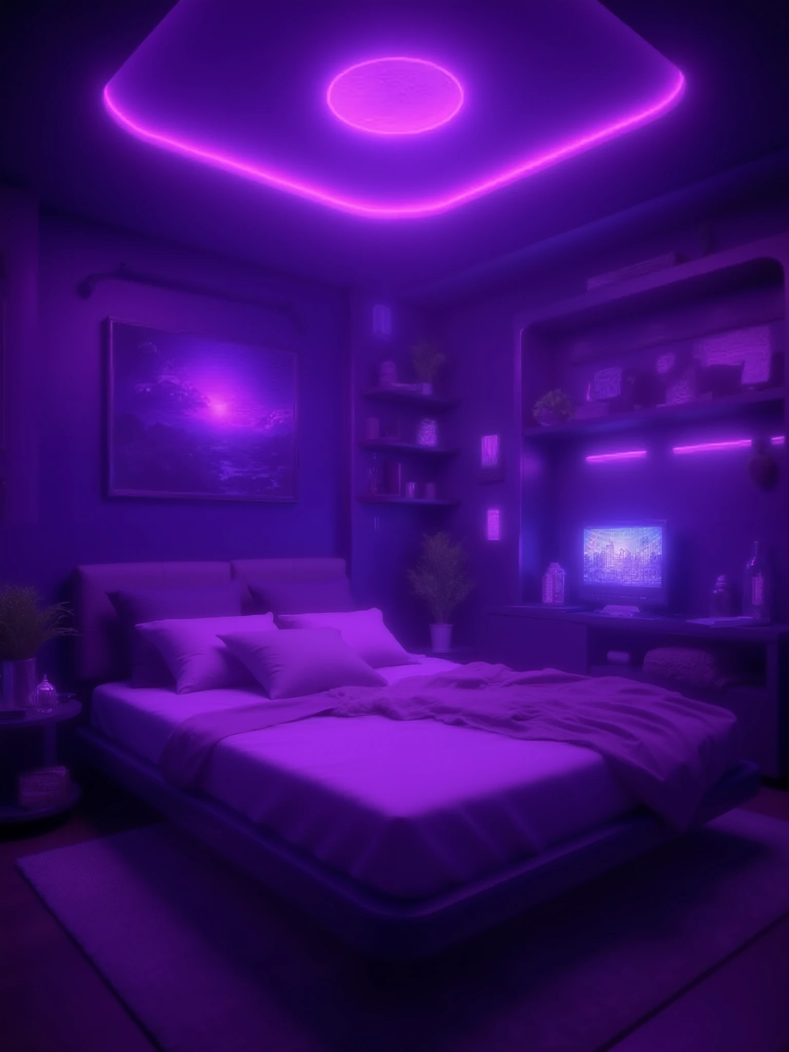The most prominent highlight of the image are the wonderful ganer cyber rich room bedroomwoth violet lighting and perfect composition for total realistic scenery e
With a top center warm light 2500 luz quente iluminacao baixa em toysl de 30%.. In the eyes that are highly detailed and perfectly produced, Masterpiece, Anatomically Correct, Best Quality, Anatomically Correct, High Resolution, Winning Award, High Quality, HD, Retina, Retina, UHD, Textured Skin, Super