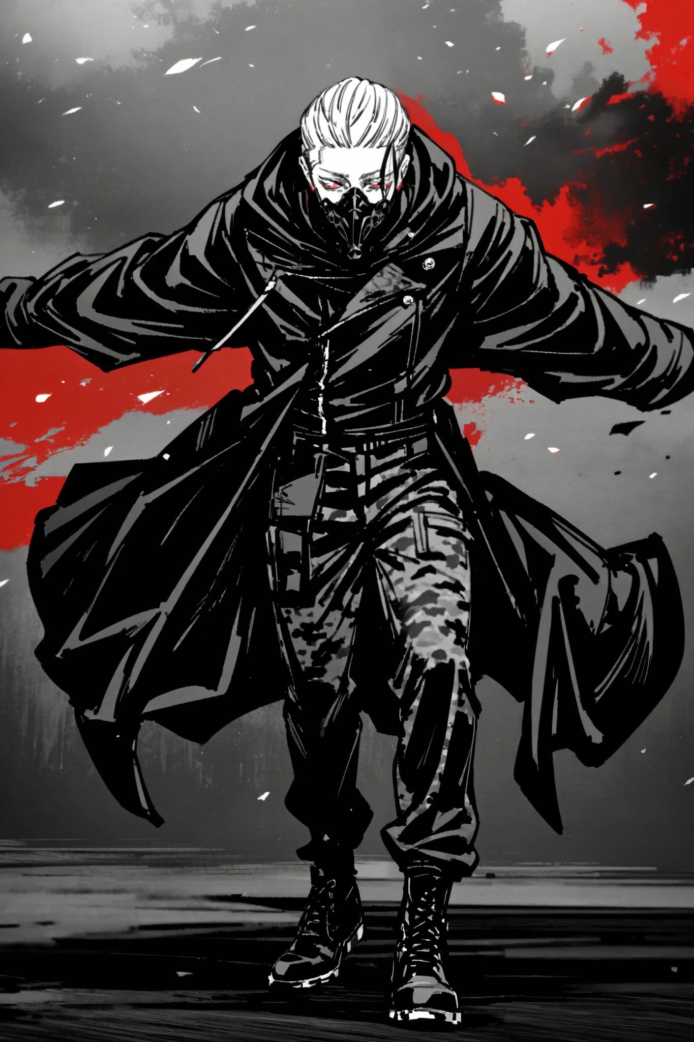 appearance: Haze wears a full black ballistic mask with silver details that hide his face., showing only his eyes in an intense red color . Her white hair, long and slightly messy , stands out on the back of the mask . He wears a long black coat that reaches his ankles , with a tactical texture but with hidden cuts and modern details . Under the coat, He wears casual clothes , but still practical : dark camouflage pants and reinforced military boots . His style is a mix of tactics and elegance , that reflects his strategic mind .