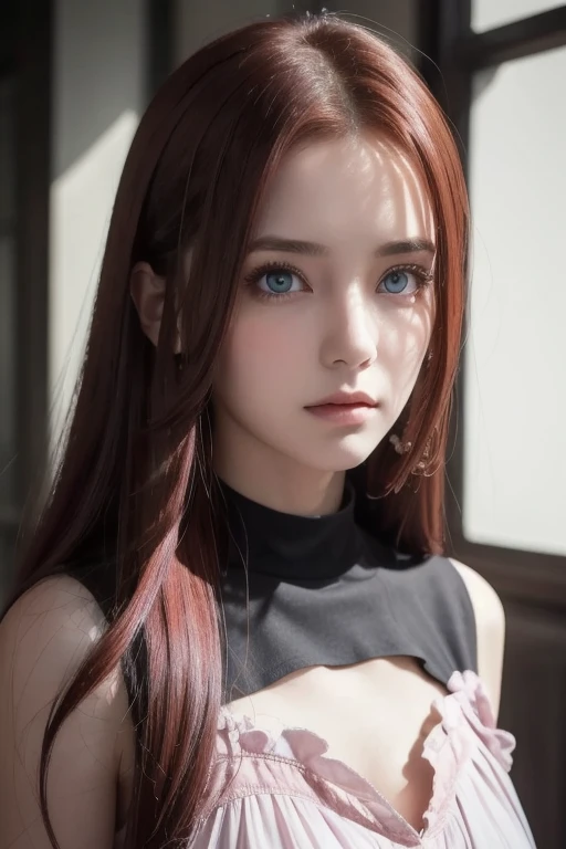 a close up of a person in a uniform with long red hair, erza scarlet as a real person, rias gremory, female anime character, anime girl named lucy, best anime character design, she has red hair, seductive anime girl, anime character, with red hair, anime best girl, with long red hair, anime woman fullbody art...1 solo, Style: portrait, blurred background f1.2, full HD resolution, 8k, Dark vignette at the edges, cinematic effect with soft shadows and light and shadow curve at -10, best quality, professional realistic, detailed eye, double eyelid, brighten skin, real hair, realistic skin texture, Masterpiece texture, realistic clothing texture, perfect face and body.