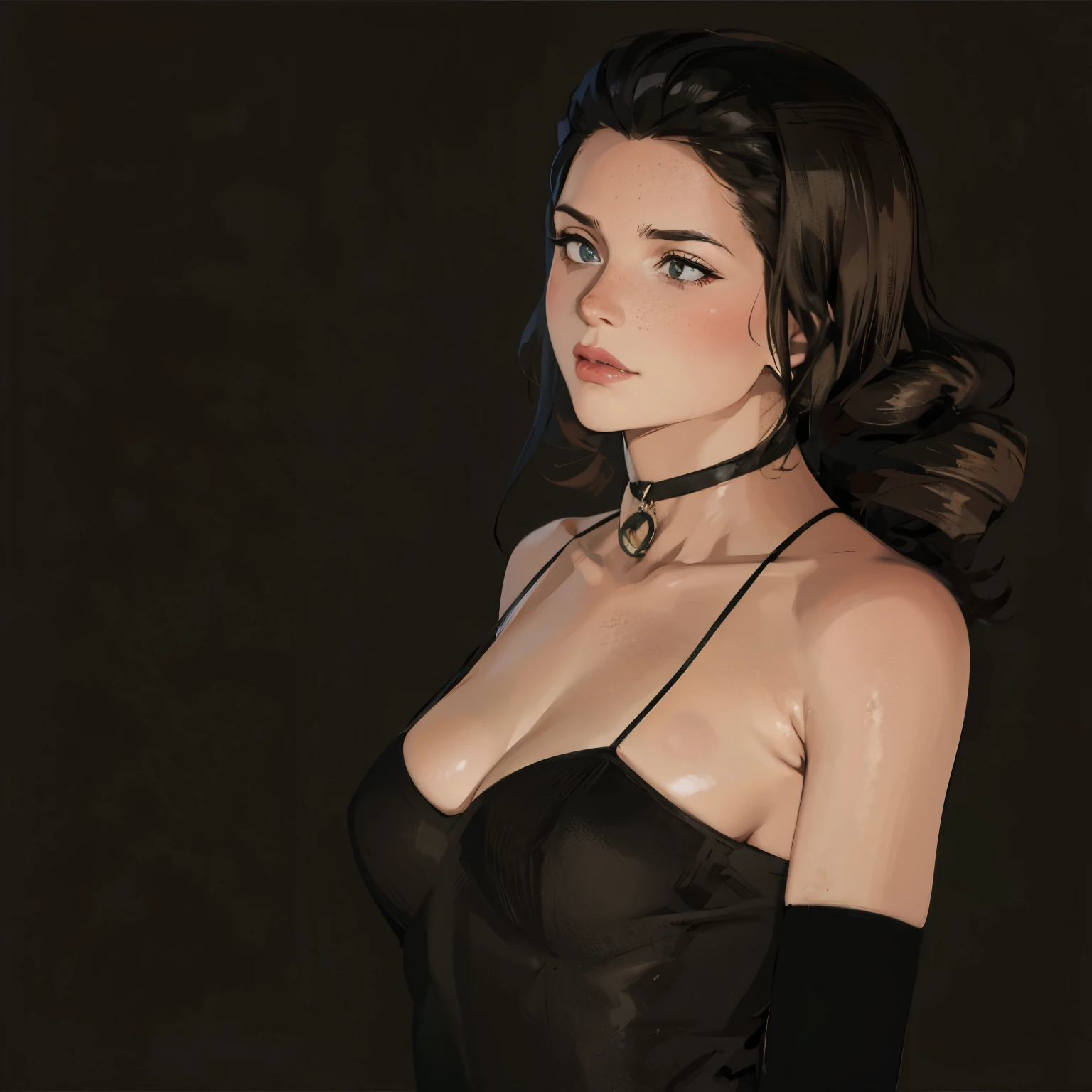 Beautiful 40-year-old woman, short hair, black fur, serious face, small nose, Best Quality, masterpiece, big tits, natural tits,with clothes, half body