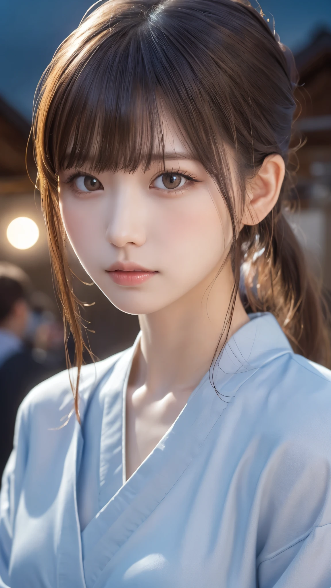 (( Masterpiece, top quality, high resolution)), 1 girl , ( realistic: 1.4), alone, , I closed my mouth, slightly brown hair, long hair, ponytail, big eyes, transparent double eyelid , eyelash, Listen carefully, Long neck, attractive proportions, shiny skin, golden ratio face , perfect face, bangs, 7:3 bangs, lip gloss, thin lips, blue kimono,Temple,Full moon night, blue furry sleeve,