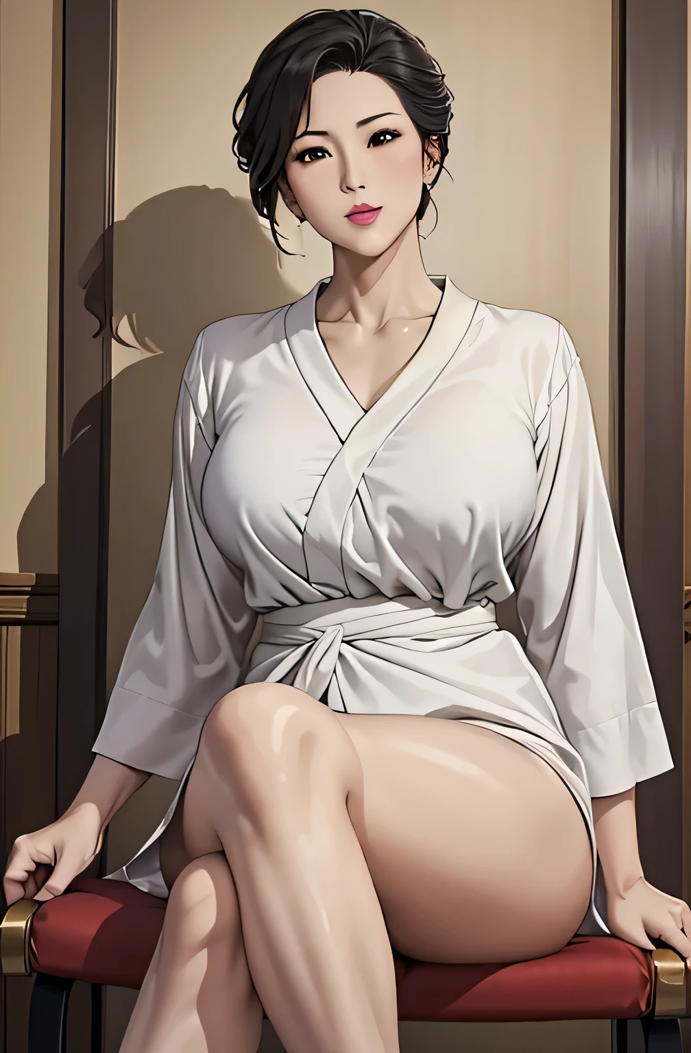 ( top quality,16k, Masterpiece),
A very beautiful Japanese mature woman is wearing a gown,lipstick,
big breasts,
white shirt, white shirt,
sit with legs crossed, cross your legs, cross your legs,,