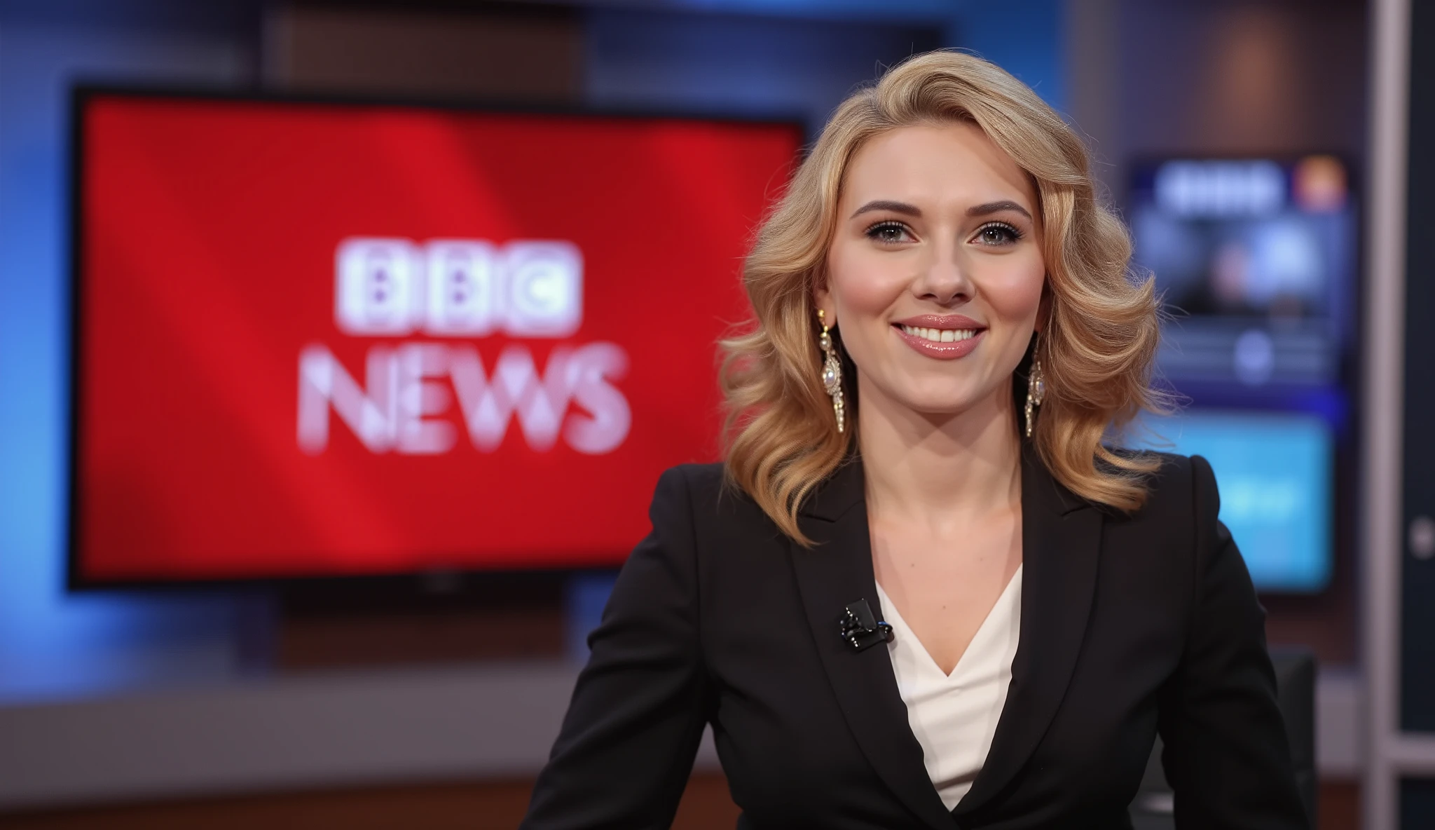 Writing red letter "BBC News", left upper screen ,Front view, Full body, left sanding, right big TV monitor in BBC NEWs, talking news, female New news anchor, 1 beautiful Scottish women ,35-age, (light golden middle hair, fringe, pearl earring ,smile) ,(E cup breasts, middle hip), (White elegant blouse, Black one button Jacket, micro mike), (Black pant, black hi heal) , News BBC Studio, back big monitor in foreign News video, (super detailed, High Details , High Quality , Accurate, anatomically correct , textured skin, beautiful fingers super detailed, High Details , High Quality , High Quality )