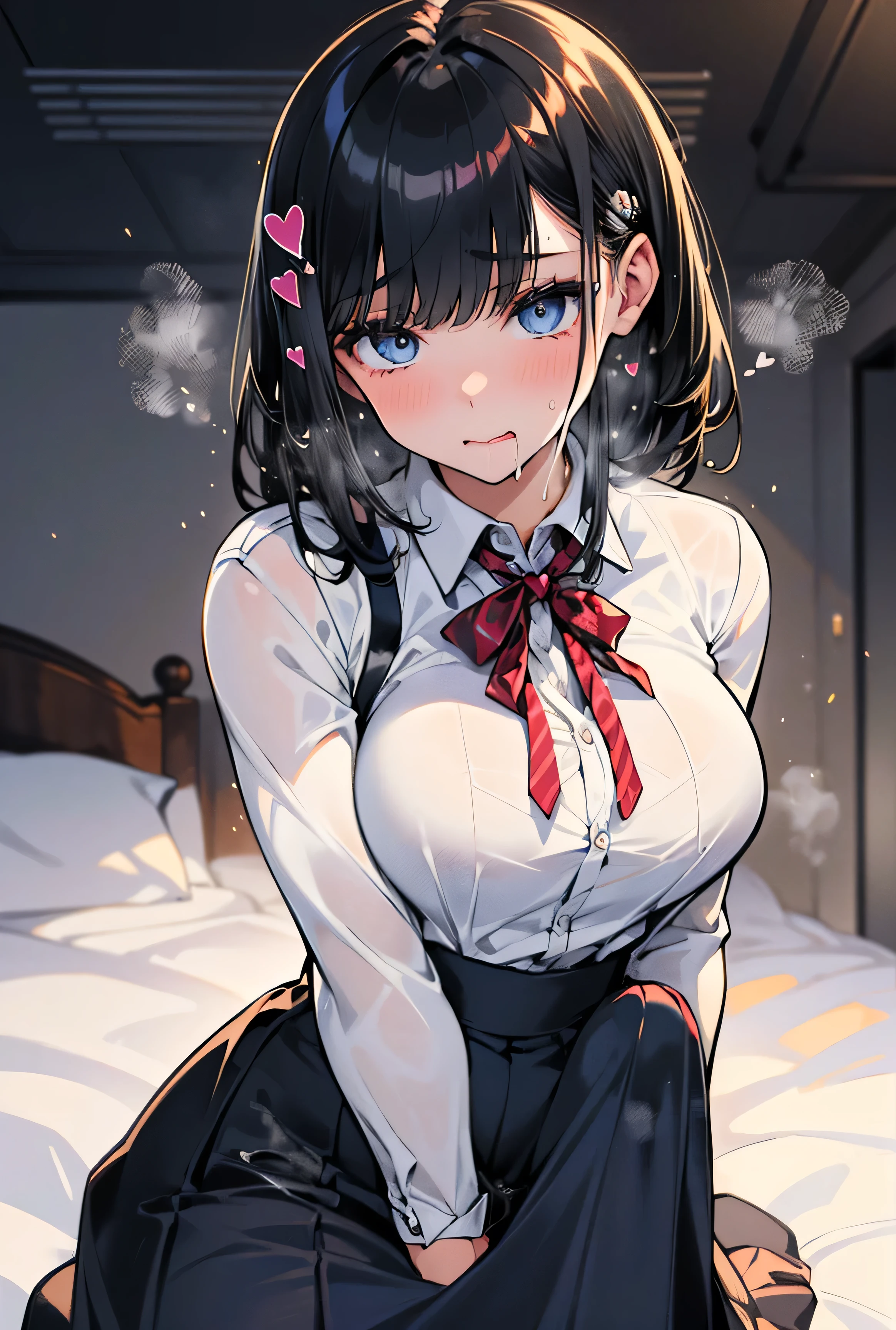 ((masterpiece)), (best quality, HDR, UHD, 8K, ultra-fine painting), (rich contrast), Highly detailed, (Ultra detailed), expressive eyes, cute eyes, perfect face, embarrassed, shiny skin, 1high school student, school uniform, skirt, Standing, bulge, skirt cloth bulge, (futanari:1.0), (excessive cum), cum through clothing, ((pojecile cum:1.5)), ((spoken heart, steaming body, girl trembling with sexual climax)), School