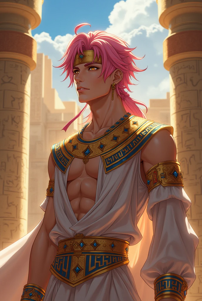 A 15-year-old boy with pink hair is a man who has honey-colored eyes in the background of ancient Egypt you can see the pyramids