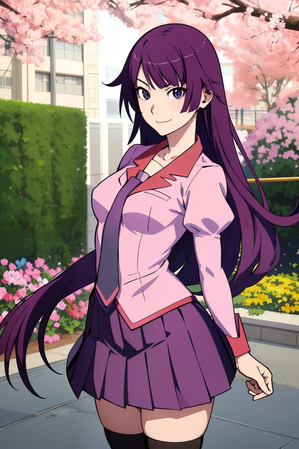 (Masterpiece), (top quality), (high resolution), (detailed face), (focus on face), (Anime Coloring Book), (Perfect hands, Perfect Anatomy)
garden, flower, cowboy shot, smile, daylight,
1 girl, Alone, watches viewers,
(Senjogahara Hitagi), long hair, medium boobs, small butt, thin legs, bangs,
thigh high socks, Long Sleeve, pink shirt, school uniform, pleated skirt, tie, puff sleeve, black thigh high socks, Zettai Ryoichi , Juliet Sleeve, naoetsu high school uniform
