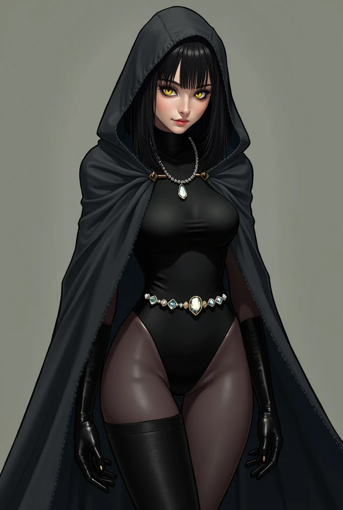 Flat factor of a sexy busty warrior nun. She is wearing a elegant body suit, black, laced.